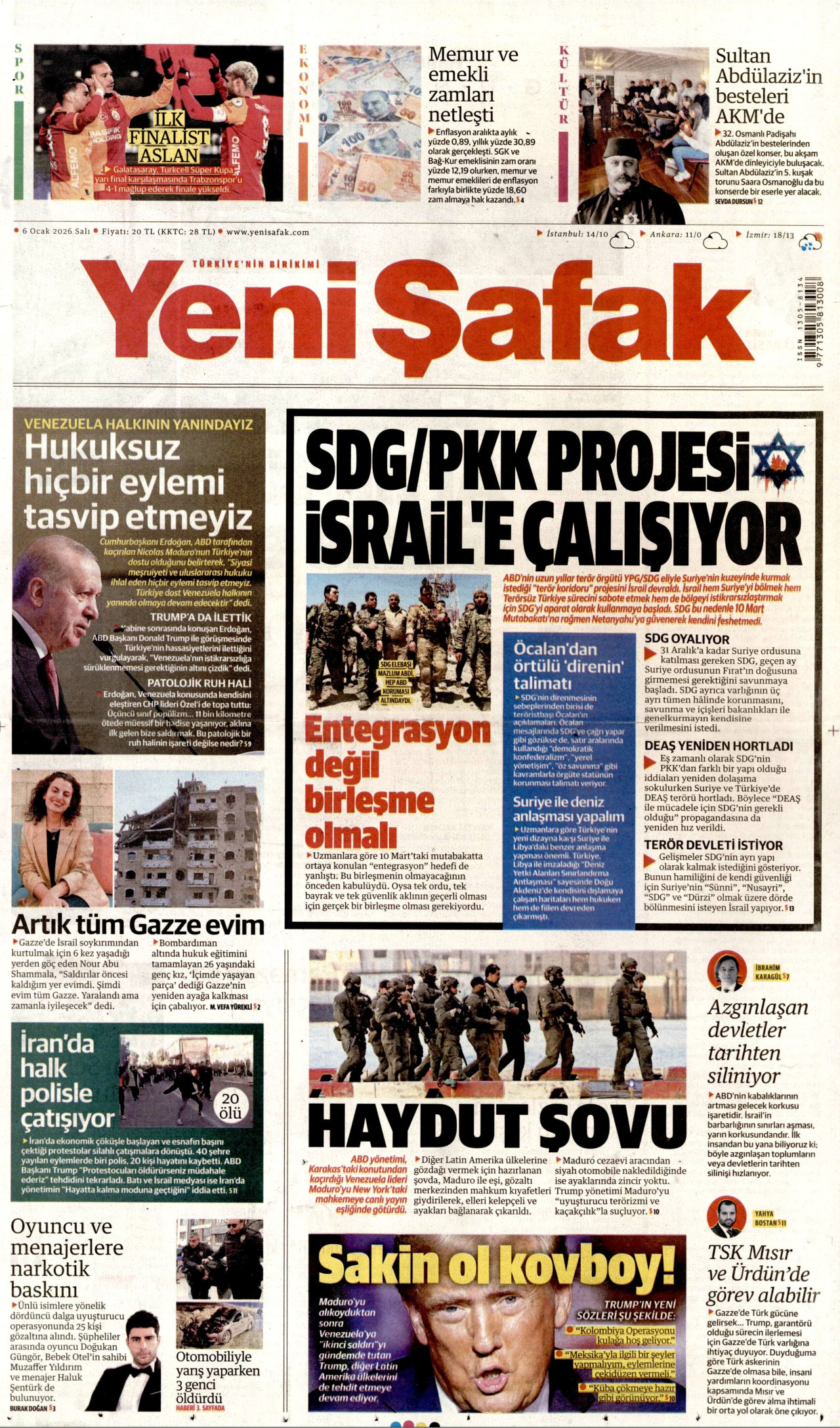 YENİ ŞAFAK gazetesinin 6 Ocak 2026 tarihli birinci sayfası