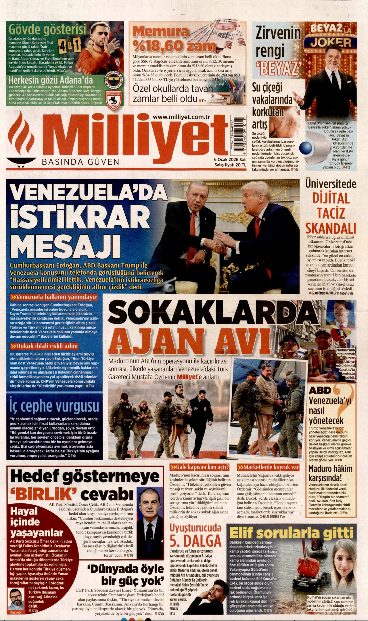 MİLLİYET gazetesinin 6 Ocak 2026 tarihli birinci sayfası