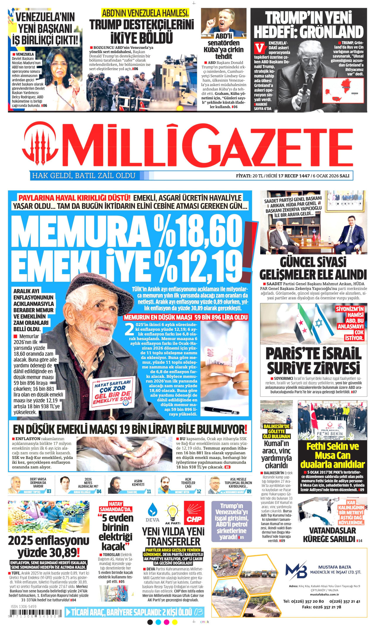 MİLLİ GAZETE gazetesinin 6 Ocak 2026 tarihli birinci sayfası