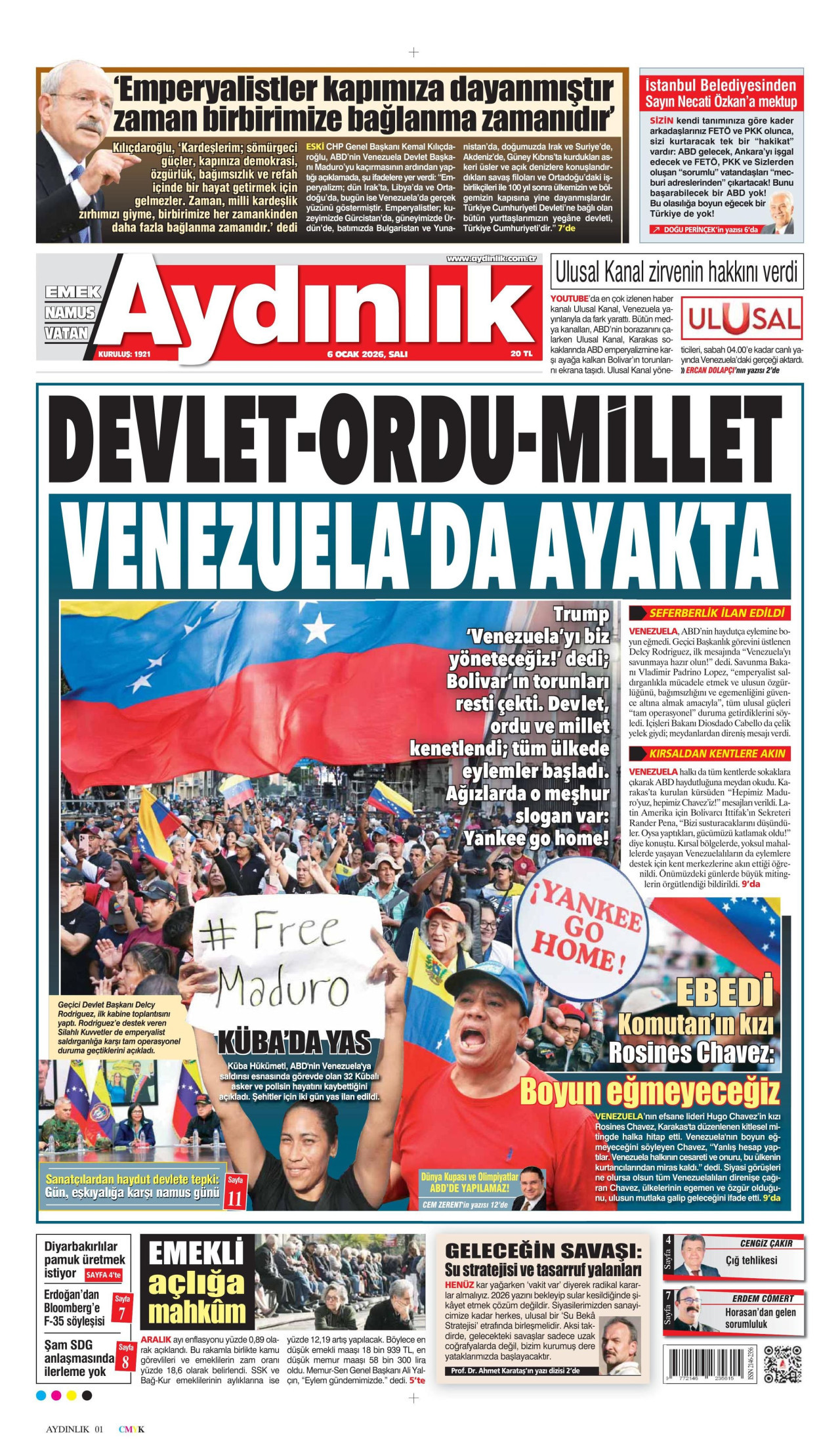 AYDINLIK GAZETESİ gazetesinin 6 Ocak 2026 tarihli birinci sayfası