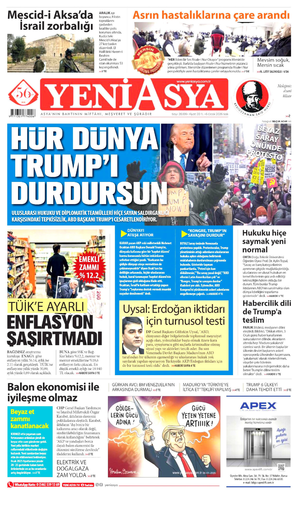 YENİ ASYA gazetesinin 6 Ocak 2026 tarihli birinci sayfası