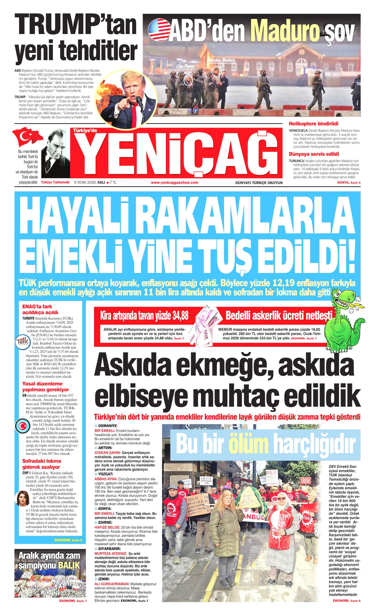 YENİÇAĞ gazetesinin 6 Ocak 2026 tarihli birinci sayfası