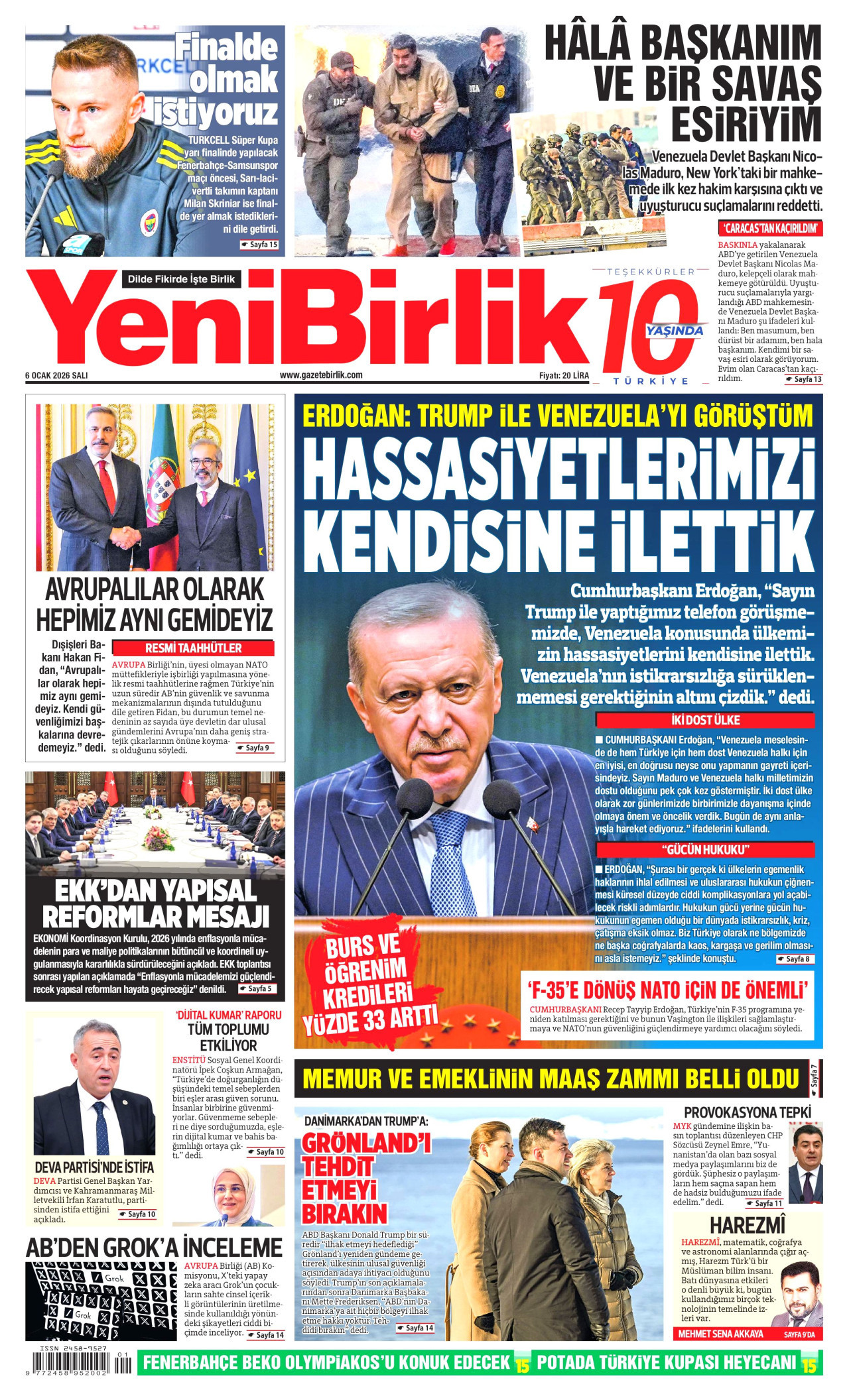 YENİBİRLİK gazetesinin 6 Ocak 2026 tarihli birinci sayfası