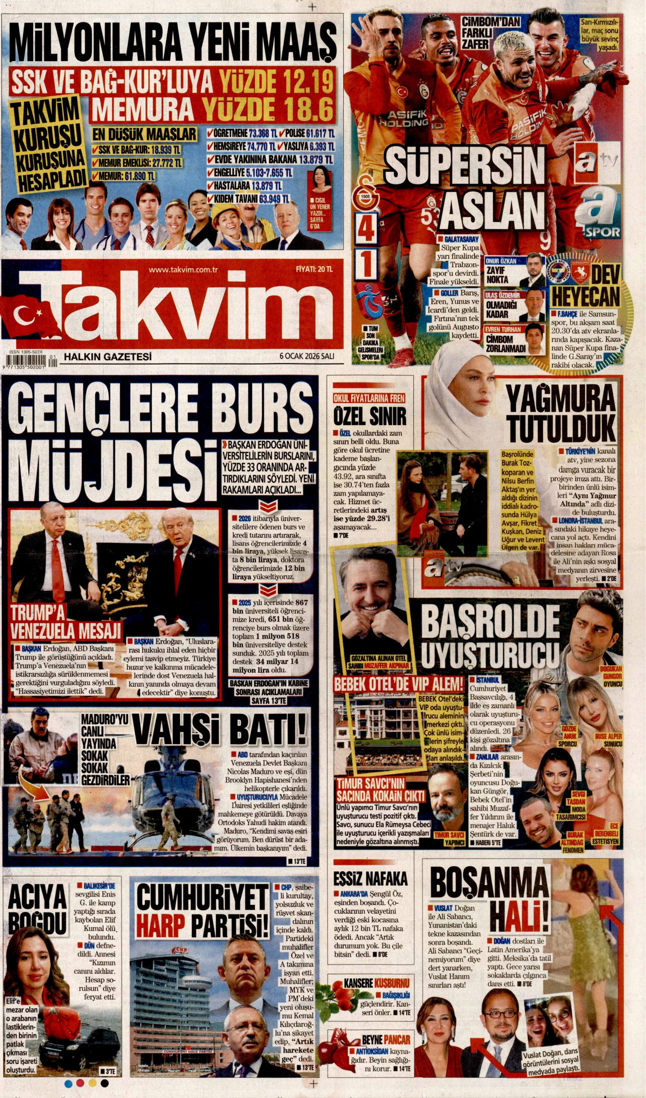 TAKVİM gazetesinin 6 Ocak 2026 tarihli birinci sayfası