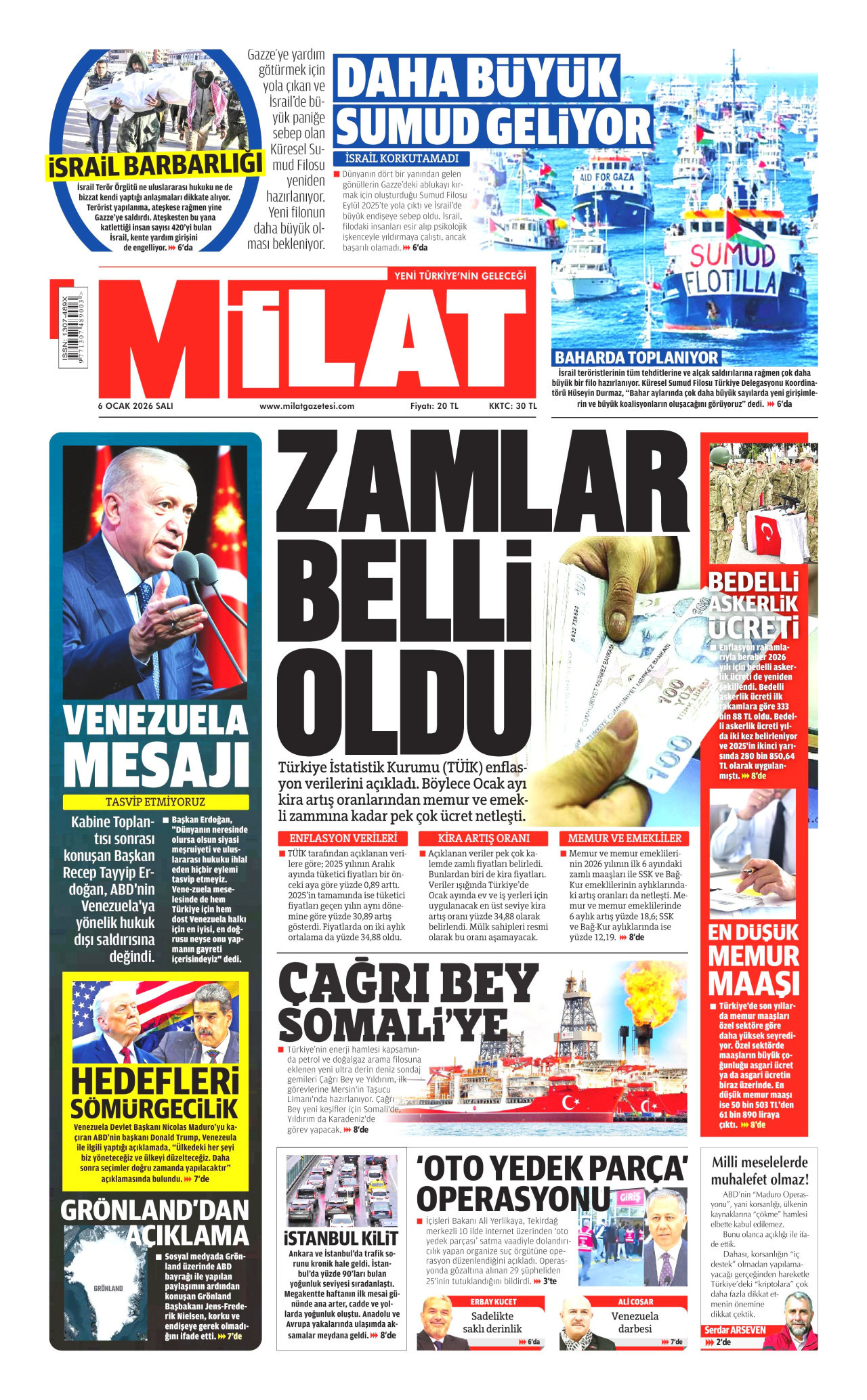 MİLAT gazetesinin 6 Ocak 2026 tarihli birinci sayfası