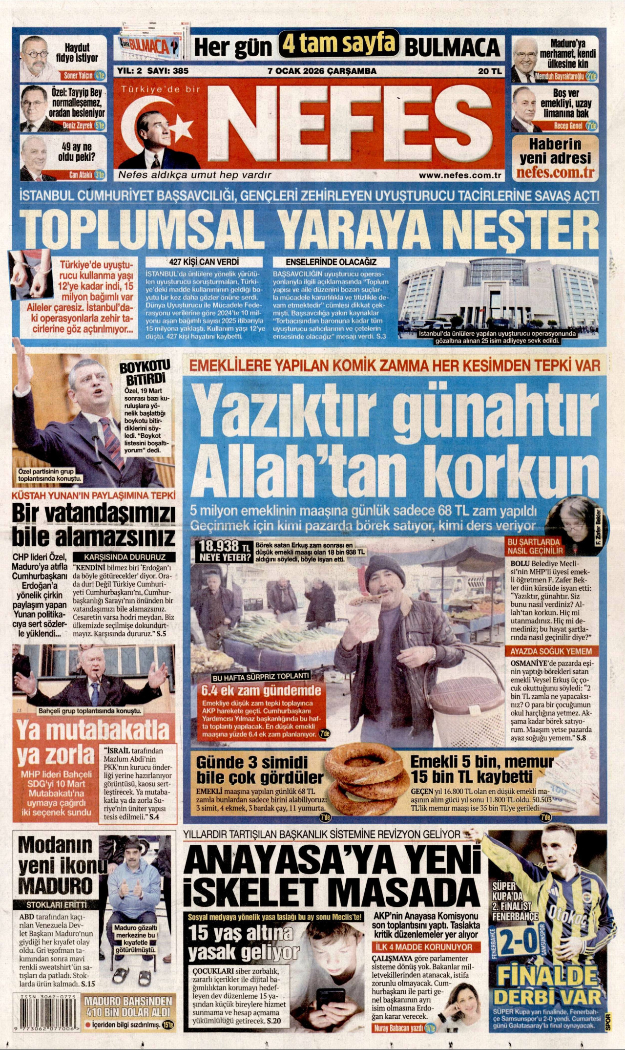 NEFES gazetesinin 7 Ocak 2026 tarihli birinci sayfası