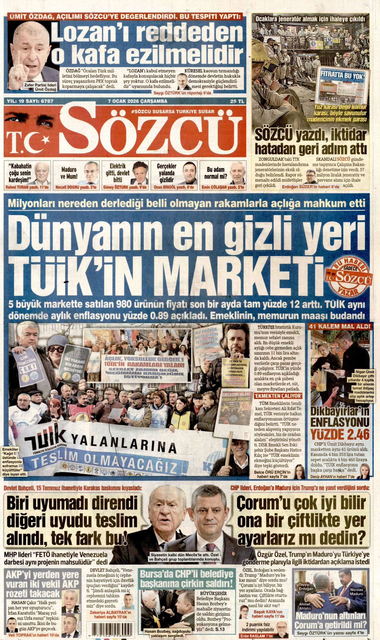 SÖZCÜ gazetesinin 7 Ocak 2026 tarihli birinci sayfası