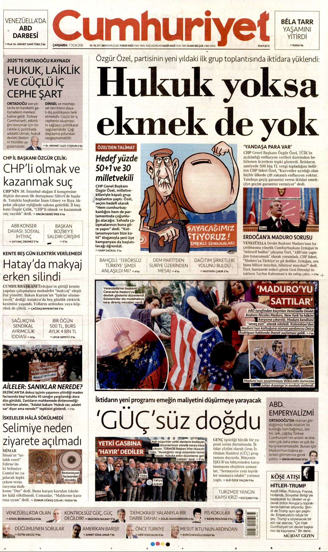 CUMHURİYET gazetesinin 7 Ocak 2026 tarihli birinci sayfası
