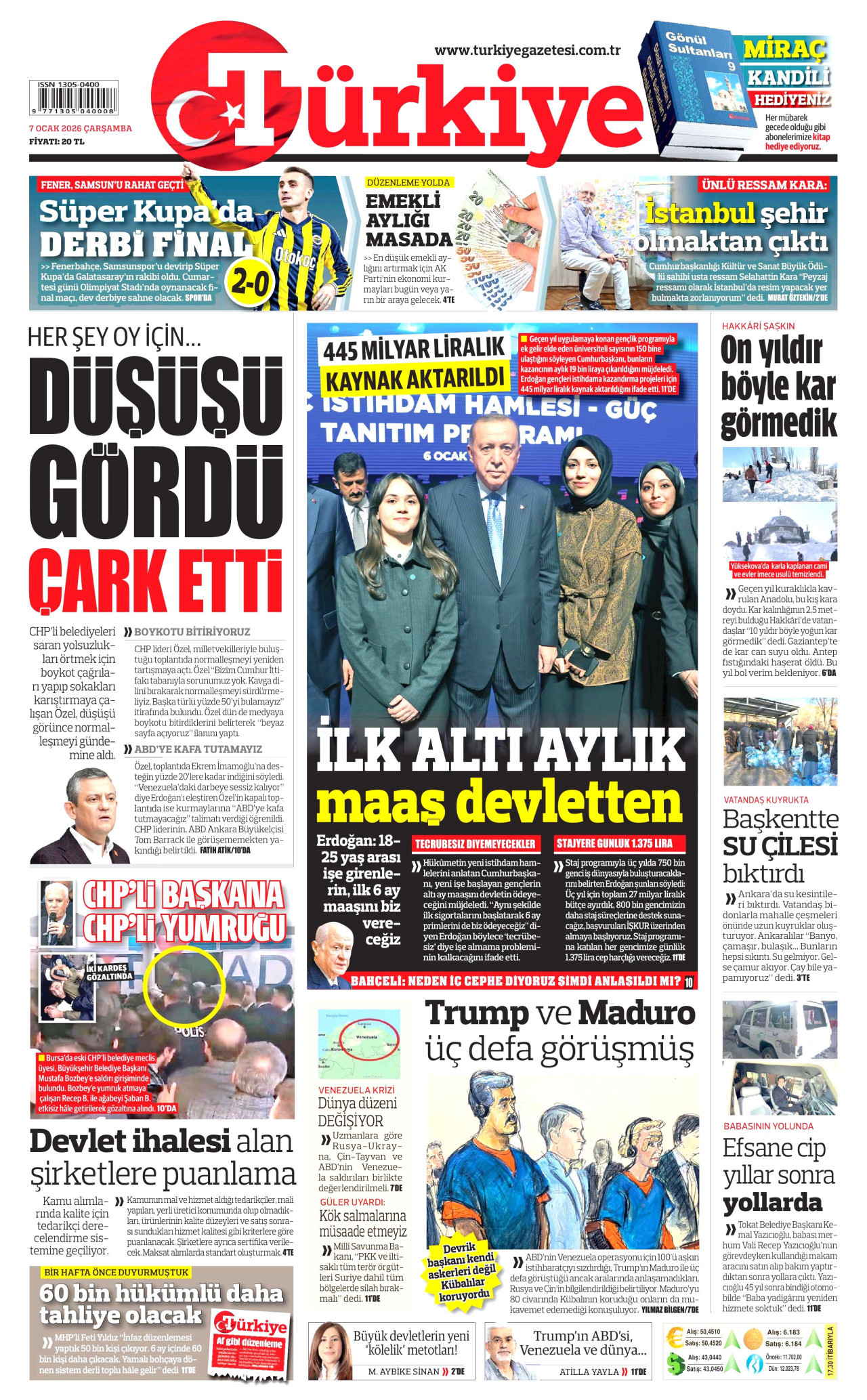 TÜRKİYE GAZETESİ gazetesinin 7 Ocak 2026 tarihli birinci sayfası