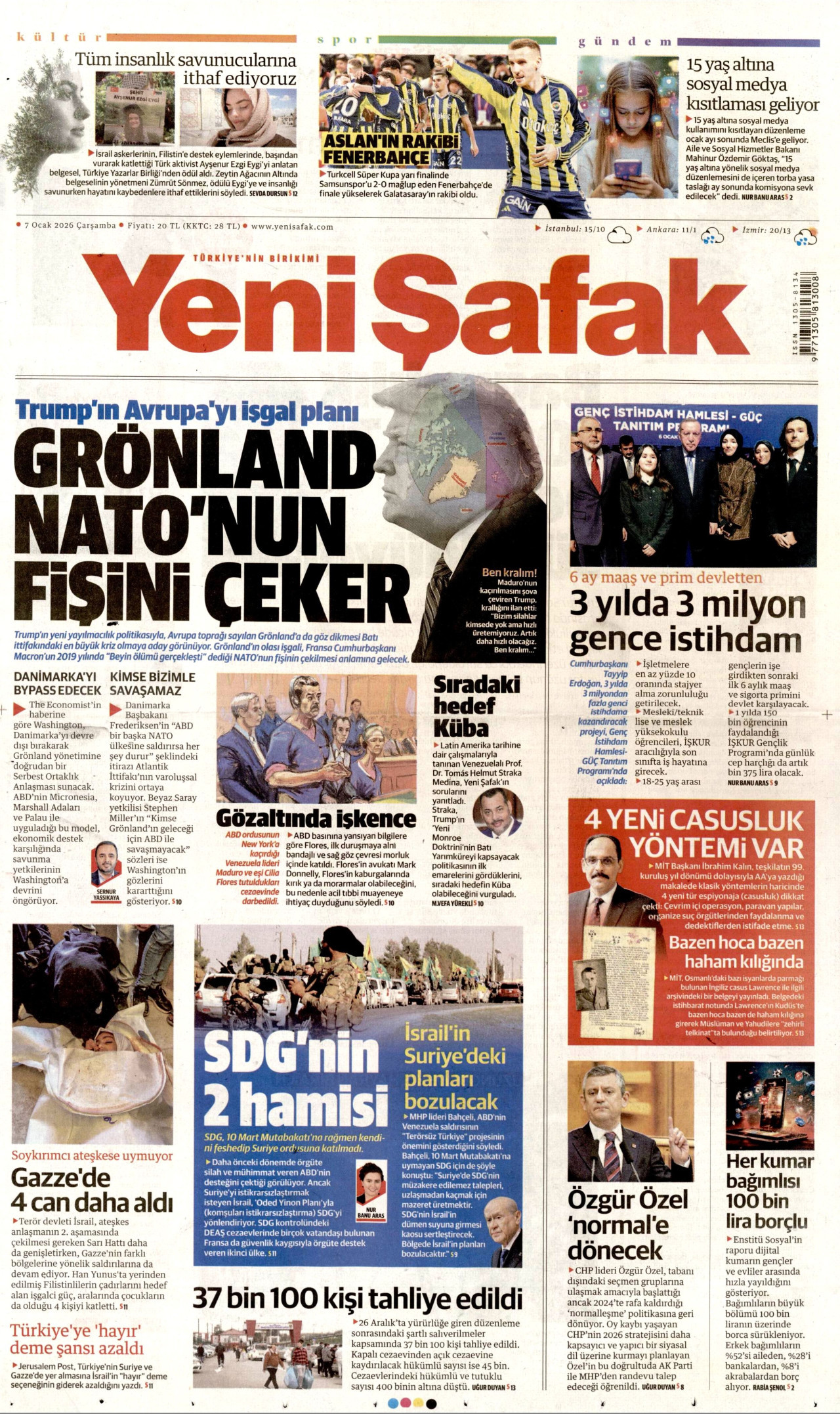 YENİ ŞAFAK gazetesinin 7 Ocak 2026 tarihli birinci sayfası