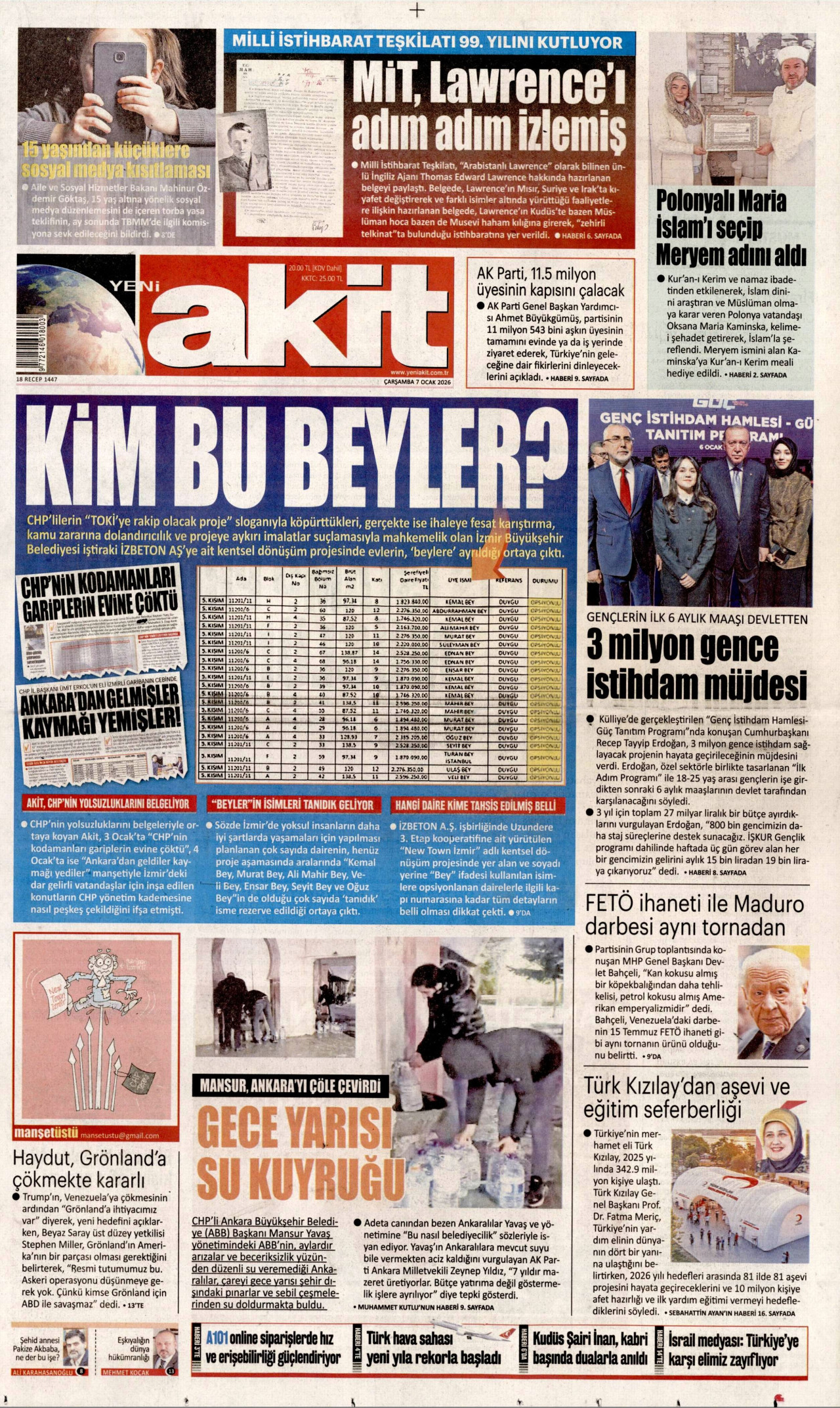 YENİ AKİT gazetesinin 7 Ocak 2026 tarihli birinci sayfası