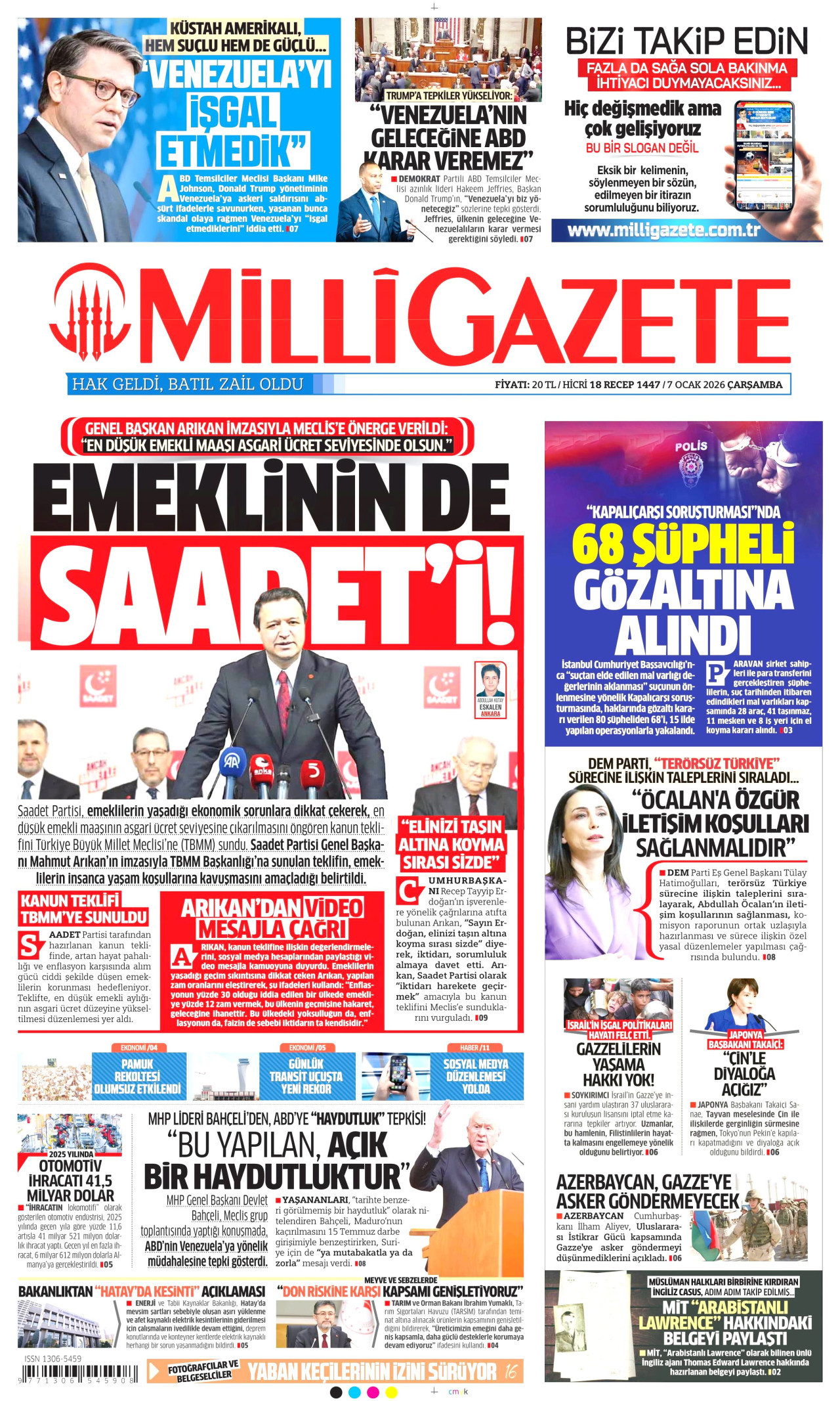 MİLLİ GAZETE gazetesinin 7 Ocak 2026 tarihli birinci sayfası