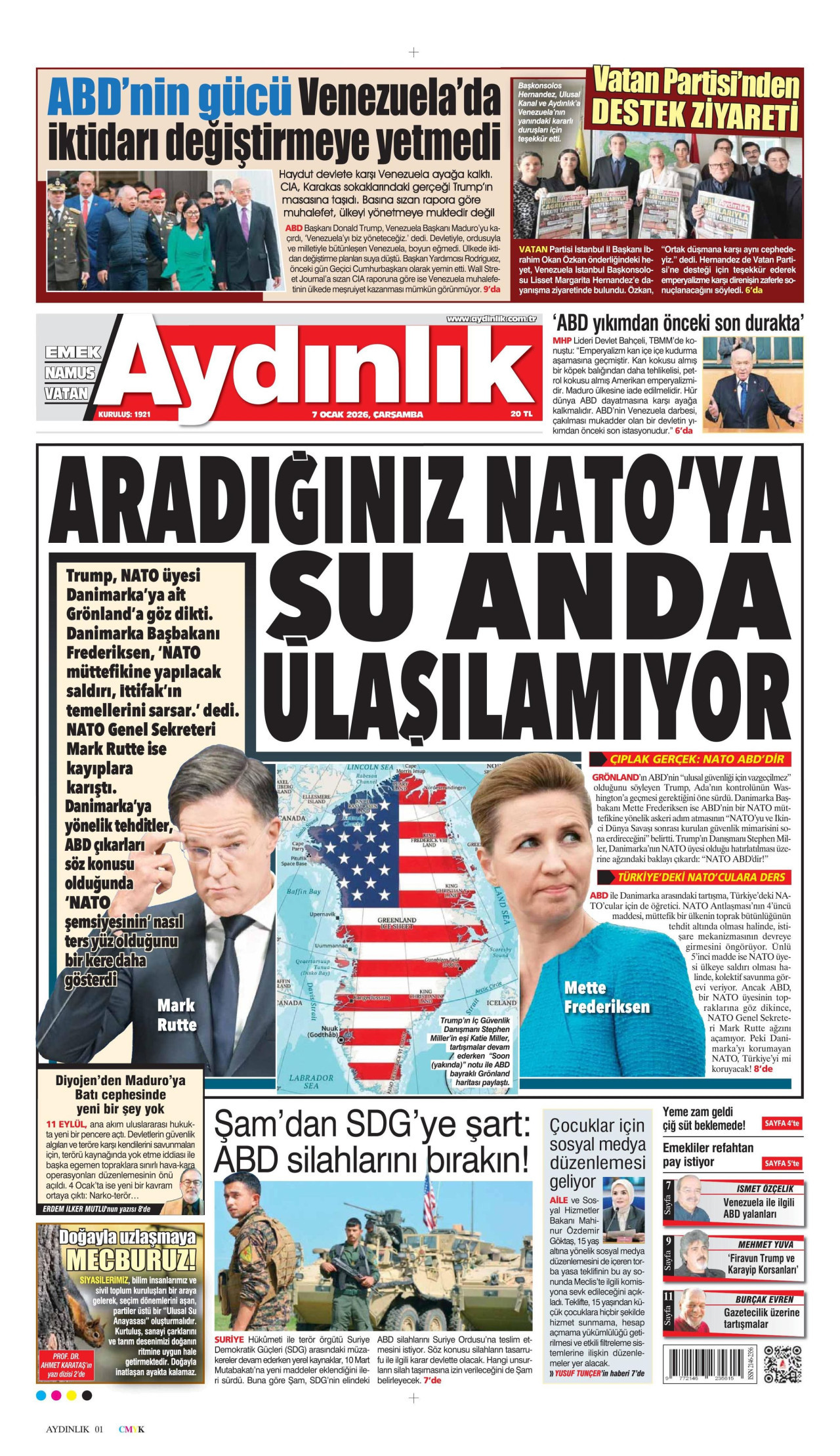 AYDINLIK GAZETESİ gazetesinin 7 Ocak 2026 tarihli birinci sayfası