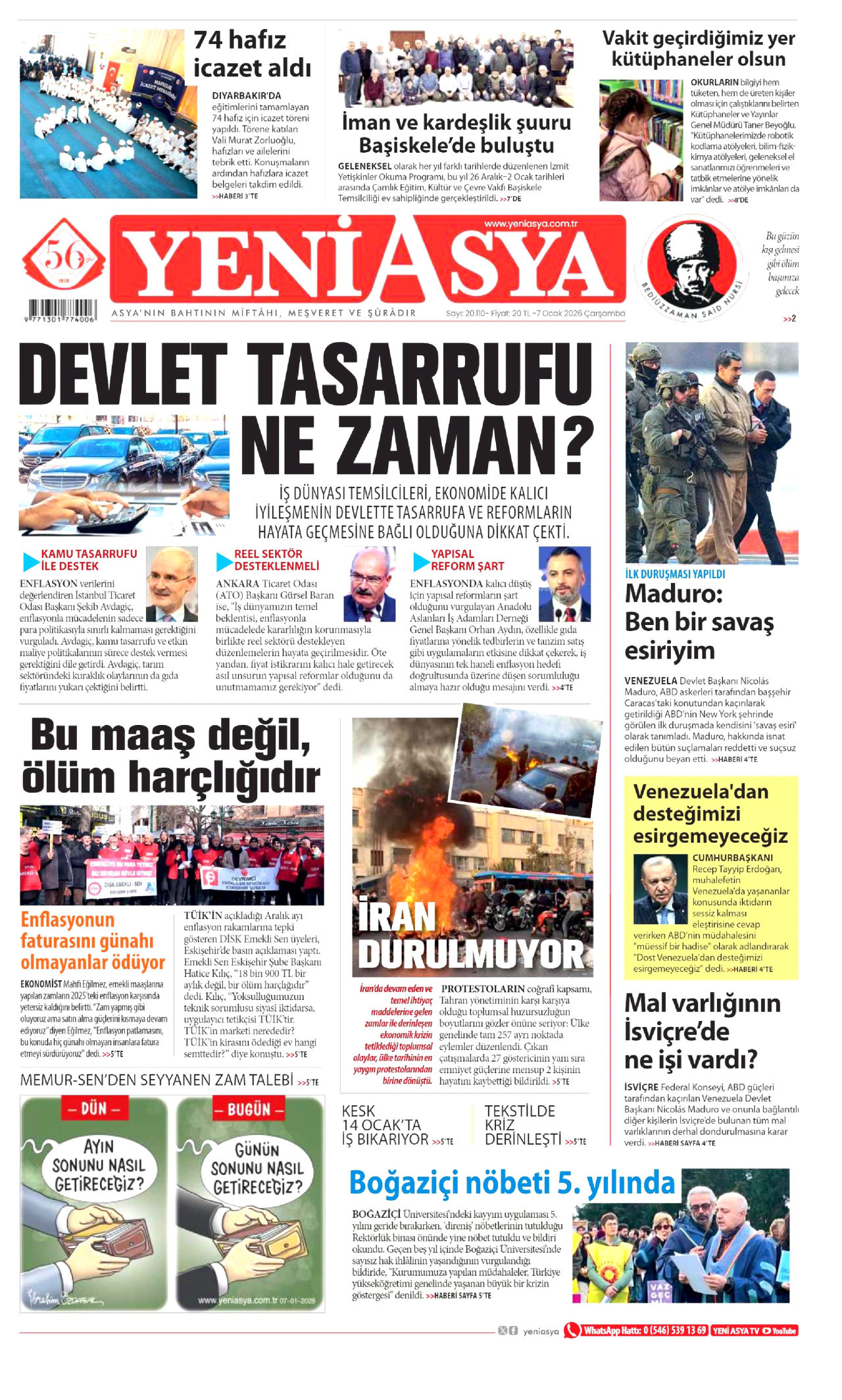 YENİ ASYA gazetesinin 7 Ocak 2026 tarihli birinci sayfası
