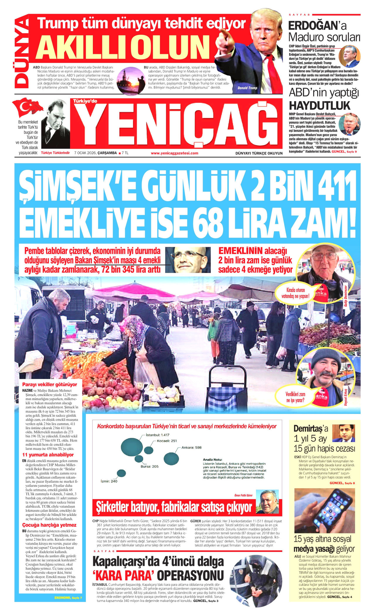YENİÇAĞ gazetesinin 7 Ocak 2026 tarihli birinci sayfası