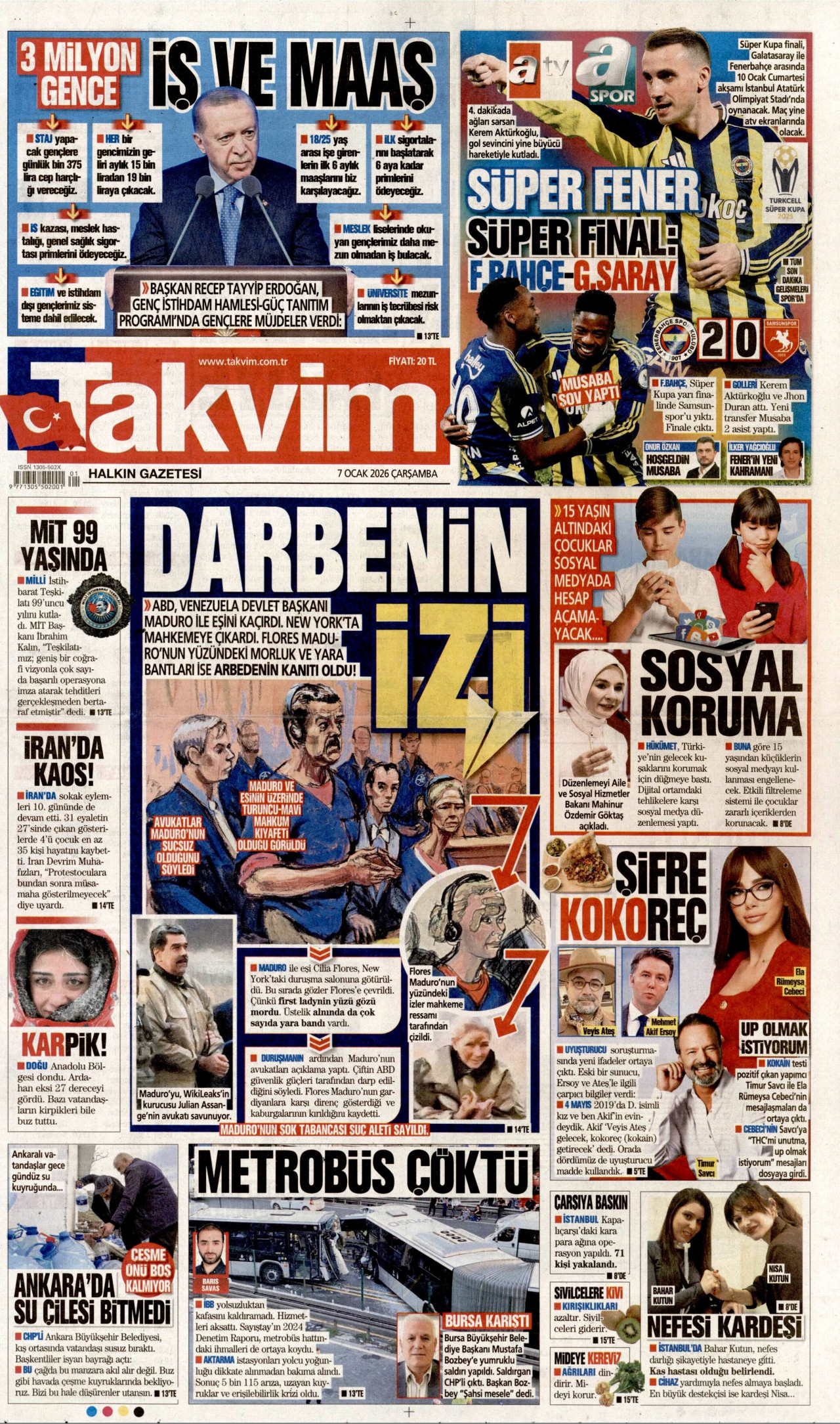 TAKVİM gazetesinin 7 Ocak 2026 tarihli birinci sayfası