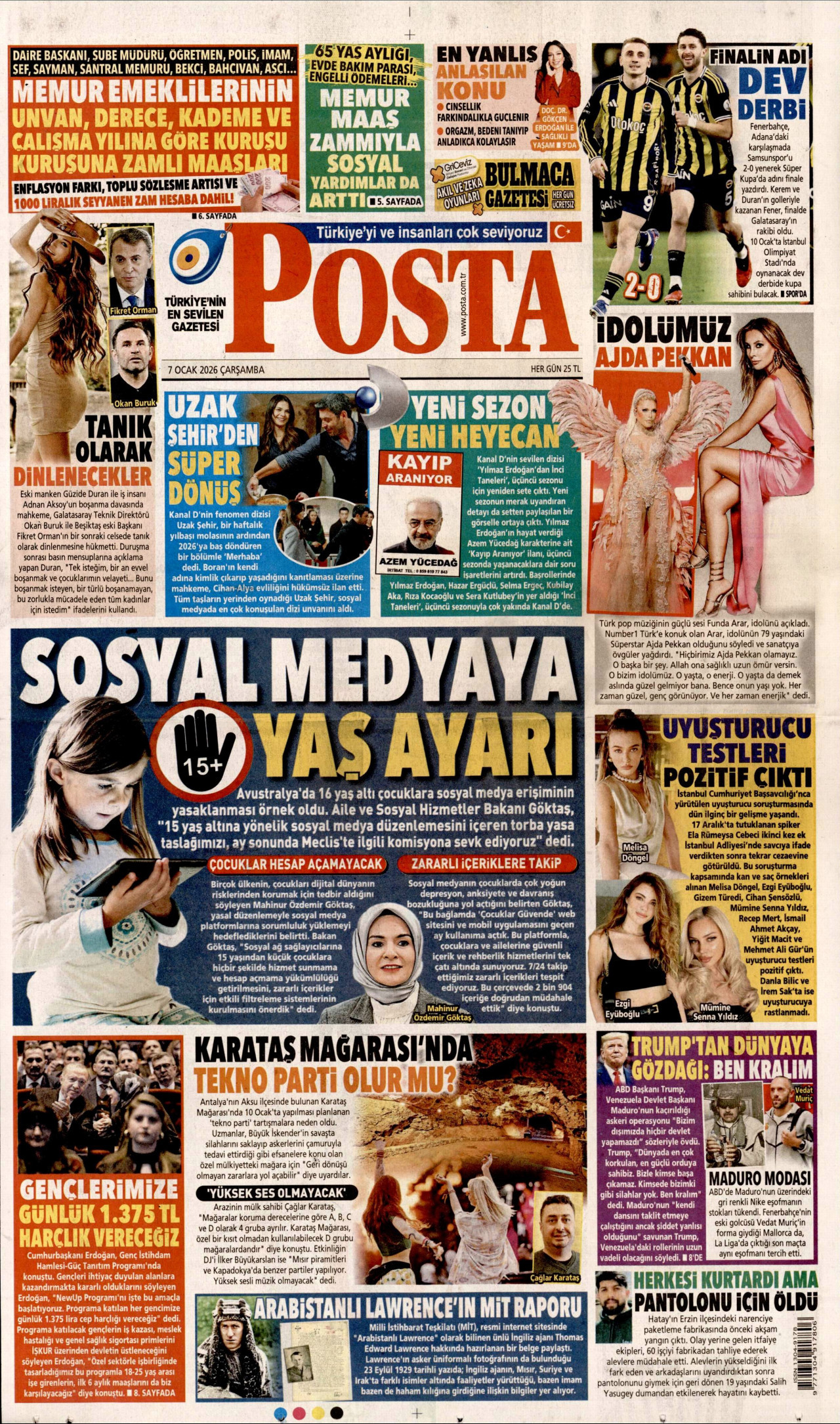 POSTA gazetesinin 7 Ocak 2026 tarihli birinci sayfası