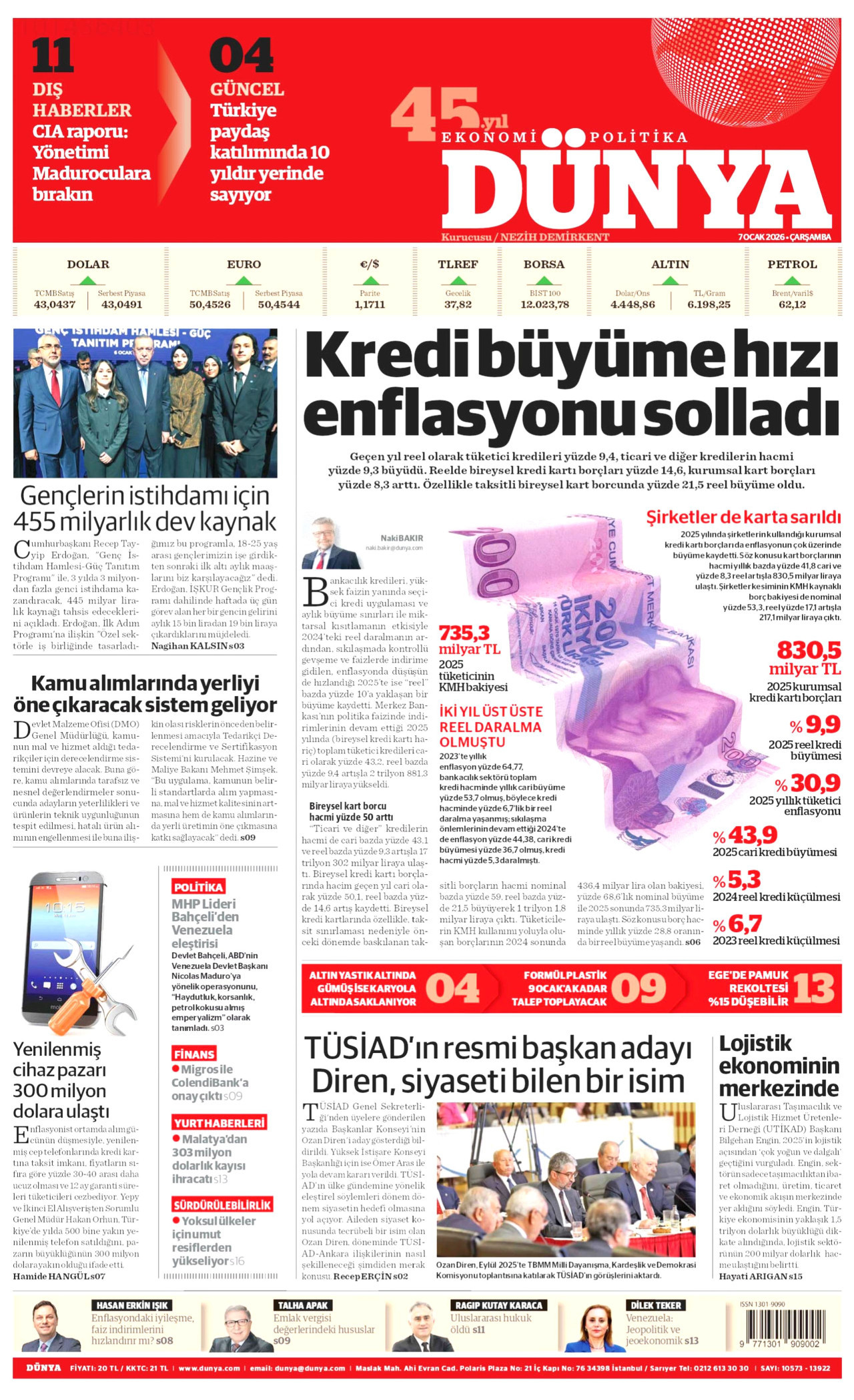 DÜNYA gazetesinin 7 Ocak 2026 tarihli birinci sayfası