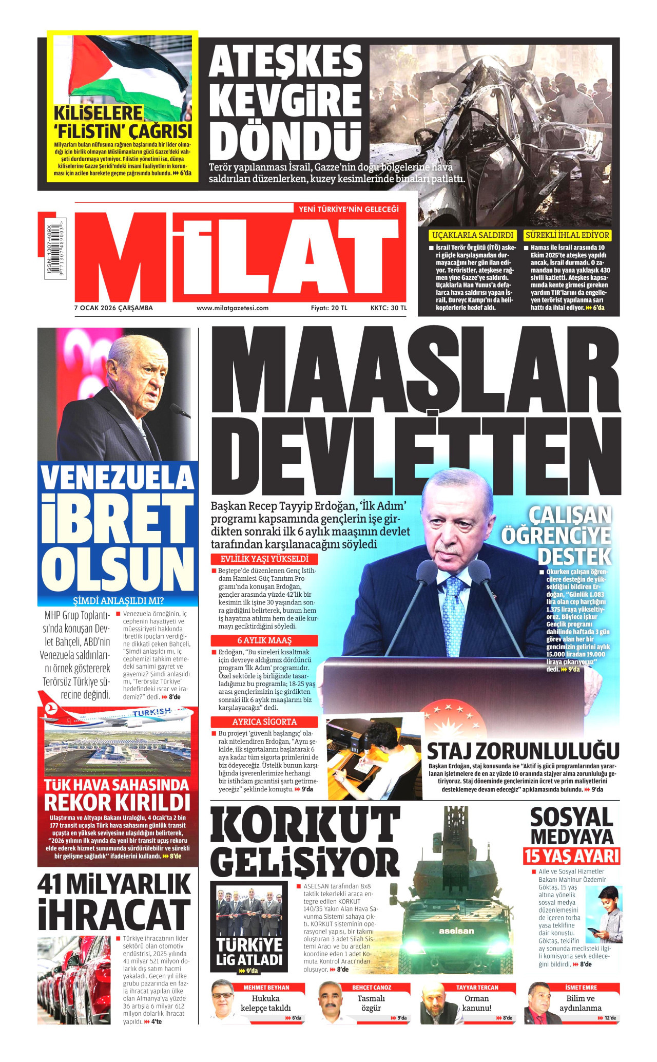 MİLAT gazetesinin 7 Ocak 2026 tarihli birinci sayfası
