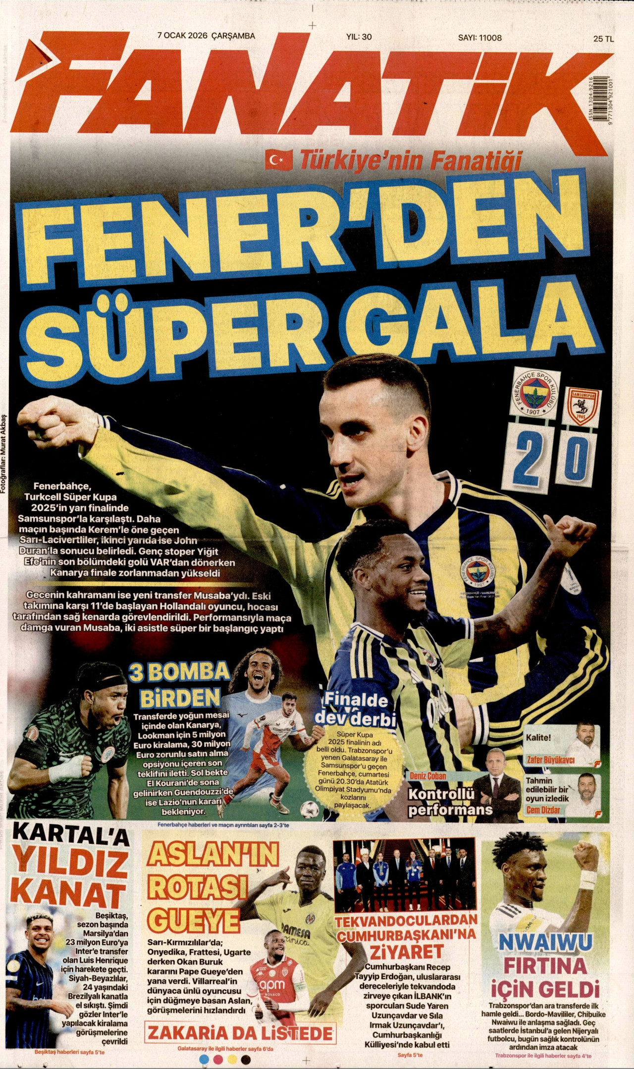 FANATİK gazetesinin 7 Ocak 2026 tarihli birinci sayfası