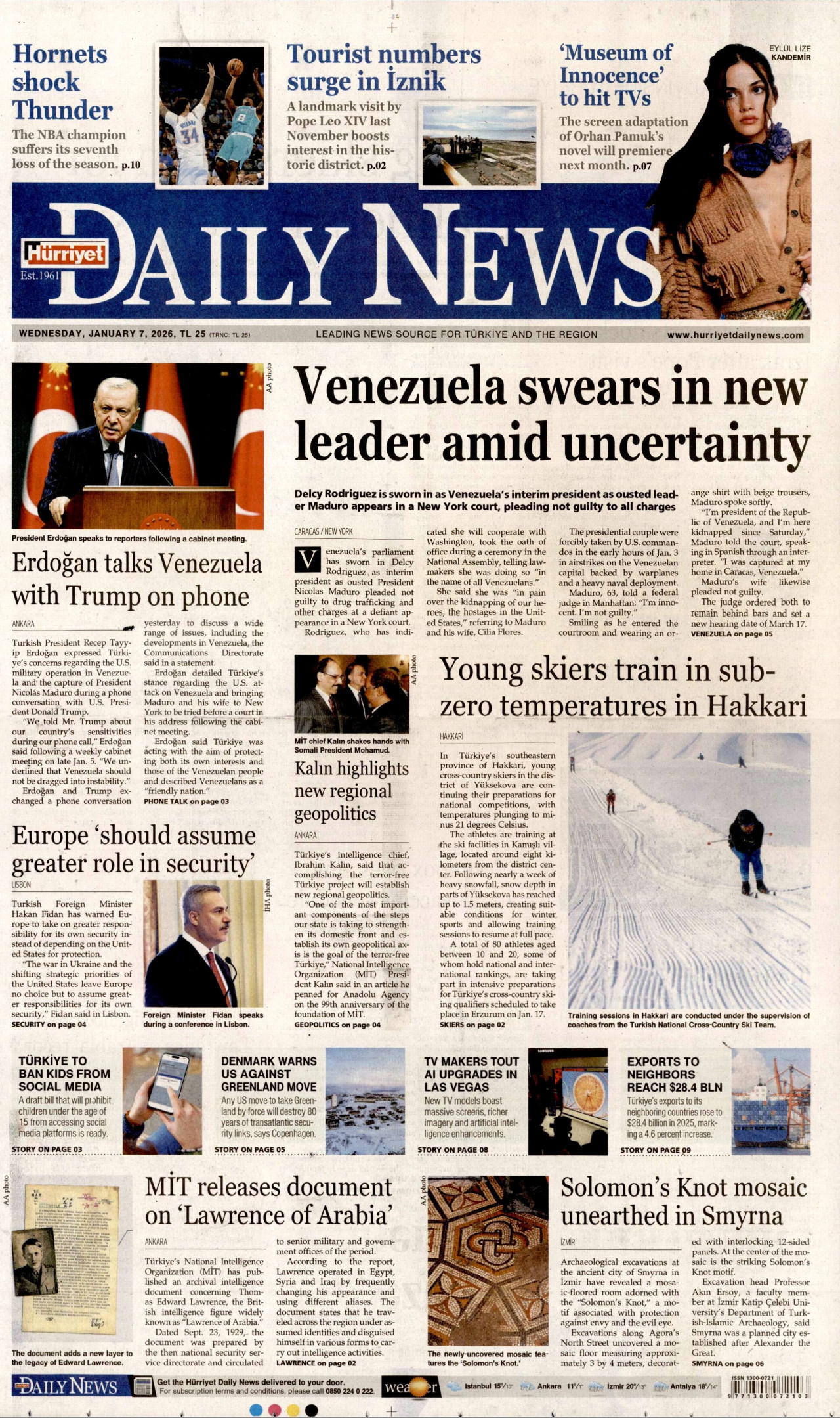 HÜRRİYET DAİLY NEWS gazetesinin 7 Ocak 2026 tarihli birinci sayfası