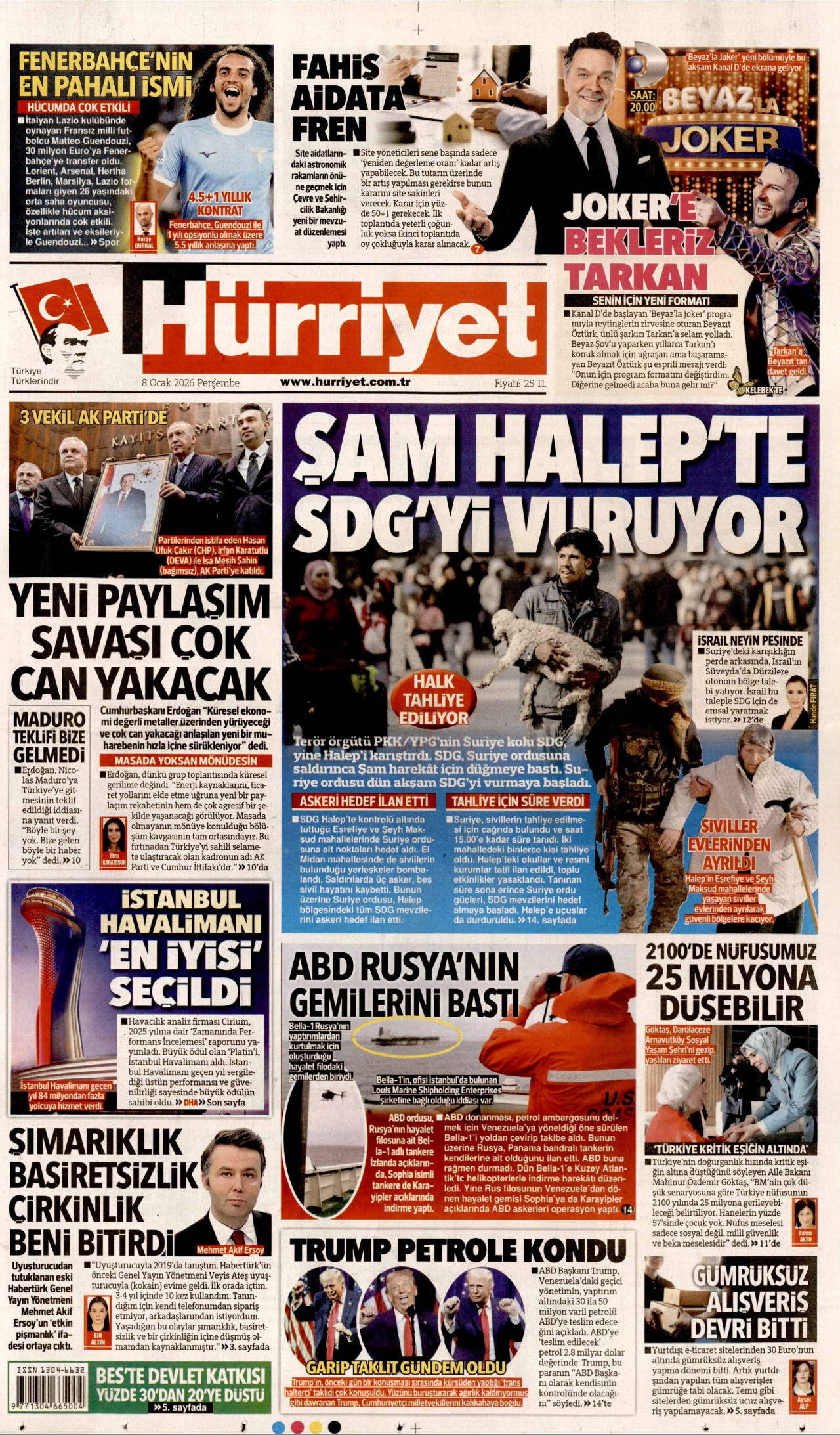HÜRRİYET gazetesinin 8 Ocak 2026 tarihli birinci sayfası