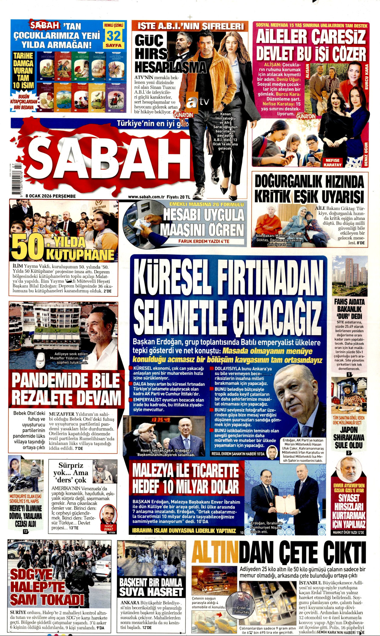 SABAH gazetesinin 8 Ocak 2026 tarihli birinci sayfası