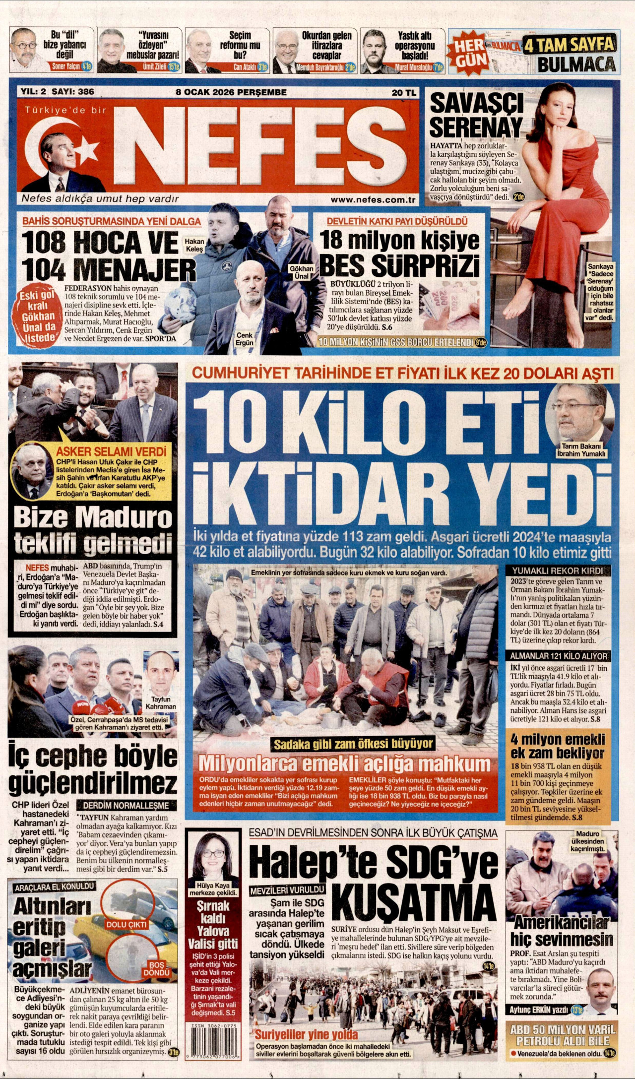 NEFES gazetesinin 8 Ocak 2026 tarihli birinci sayfası