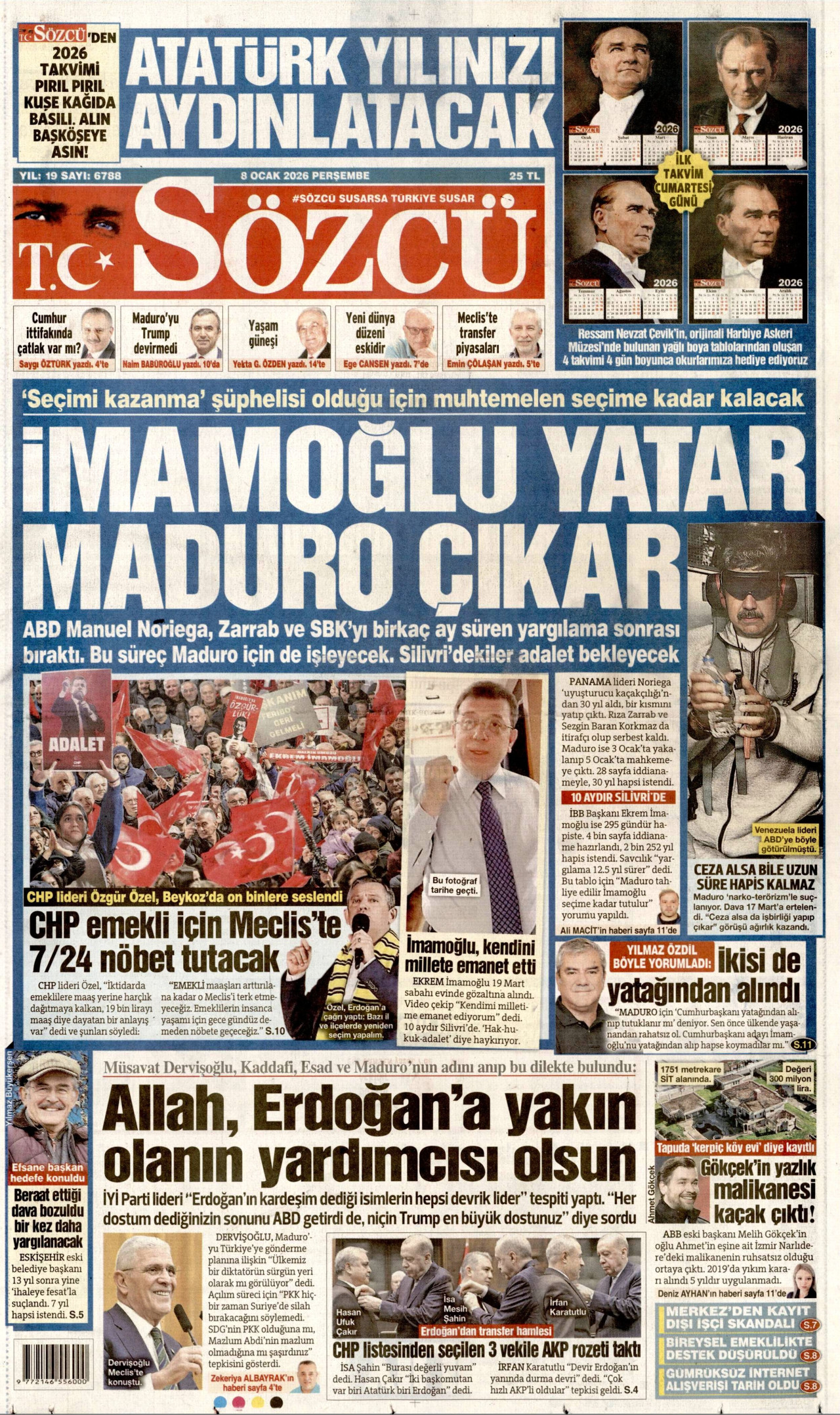 SÖZCÜ gazetesinin 8 Ocak 2026 tarihli birinci sayfası