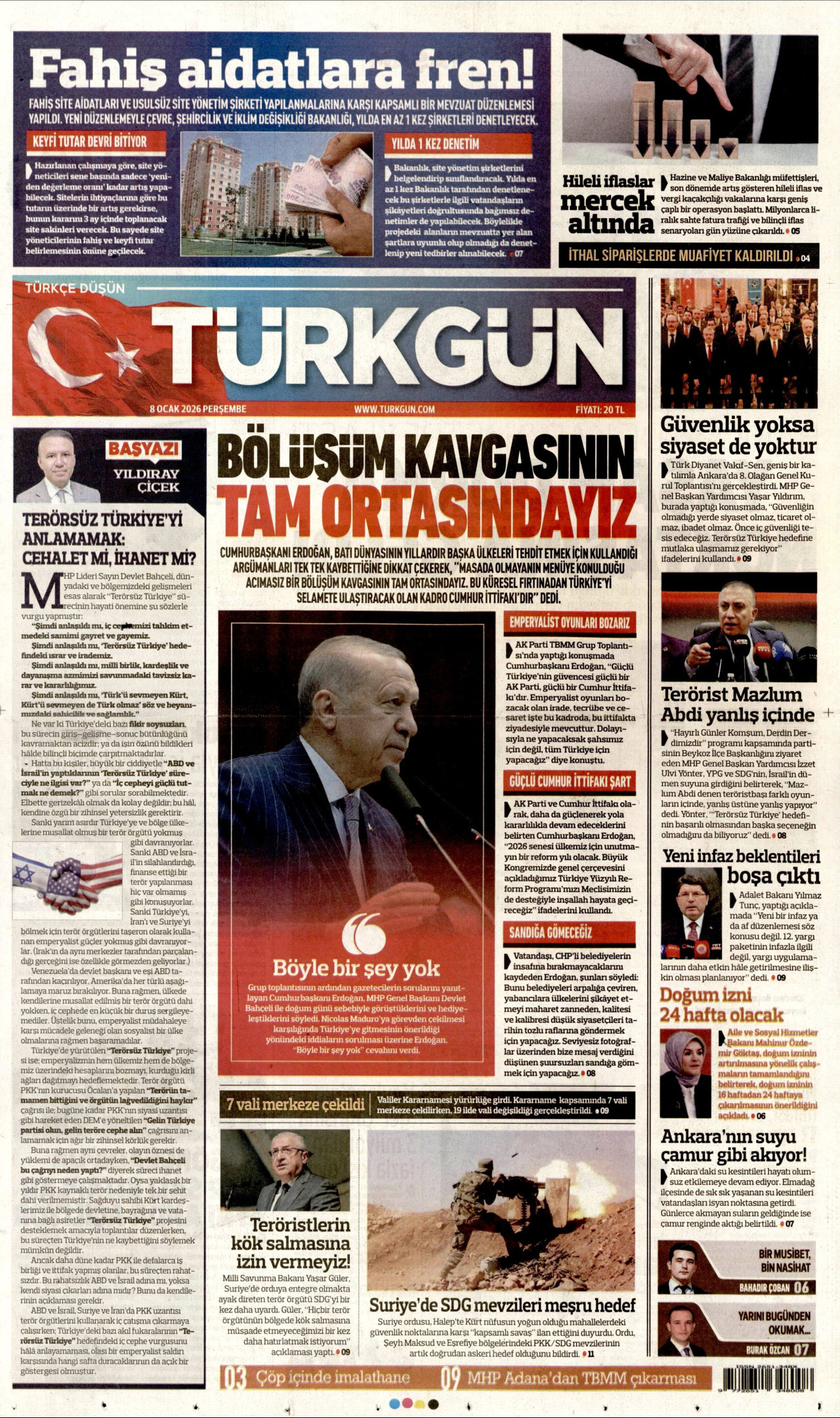 TÜRKGÜN gazetesinin 8 Ocak 2026 tarihli birinci sayfası