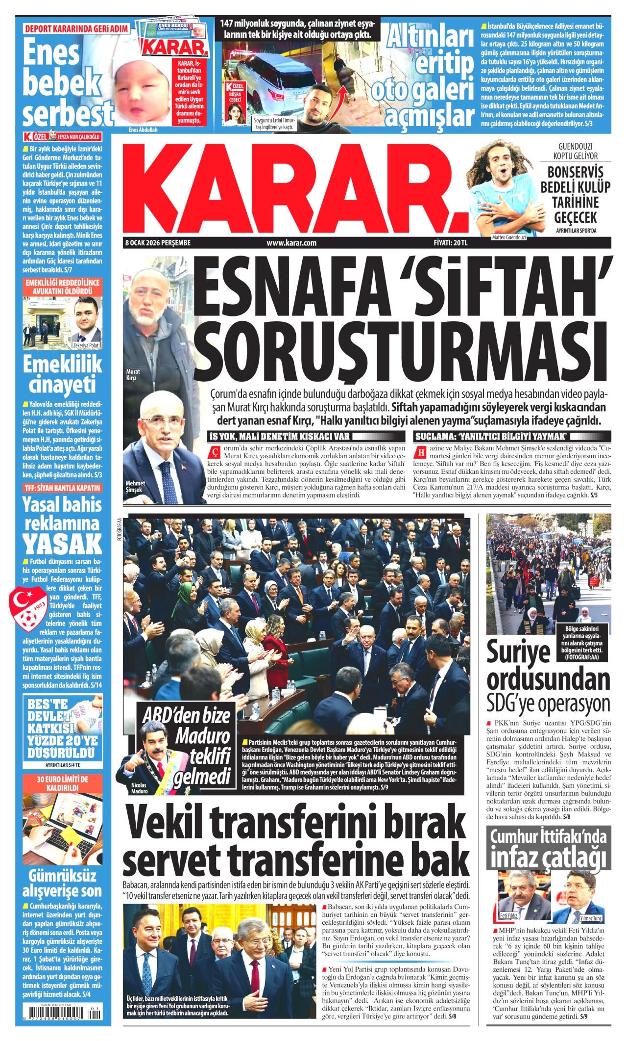 KARAR gazetesinin 8 Ocak 2026 tarihli birinci sayfası