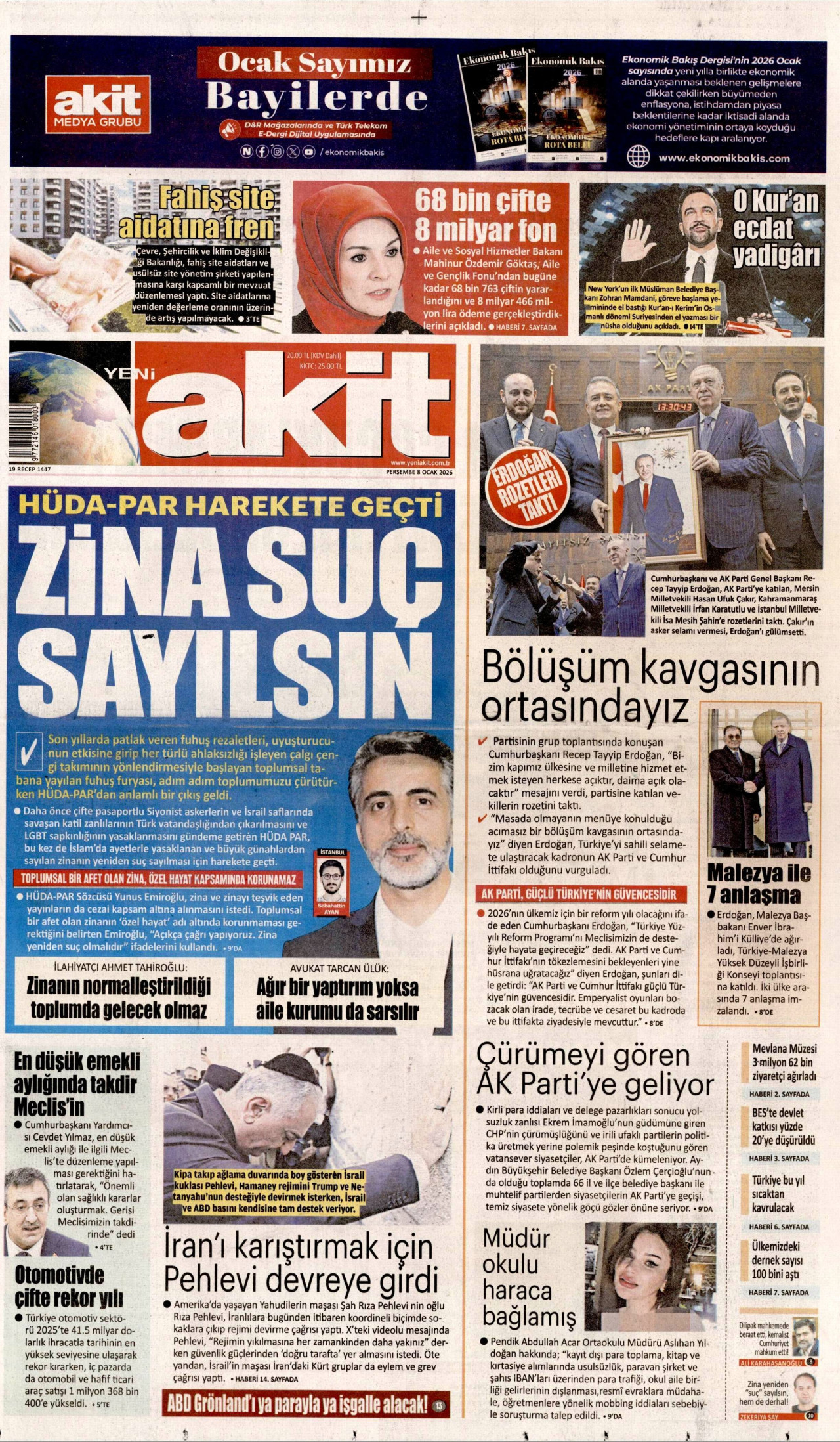 YENİ AKİT gazetesinin 8 Ocak 2026 tarihli birinci sayfası