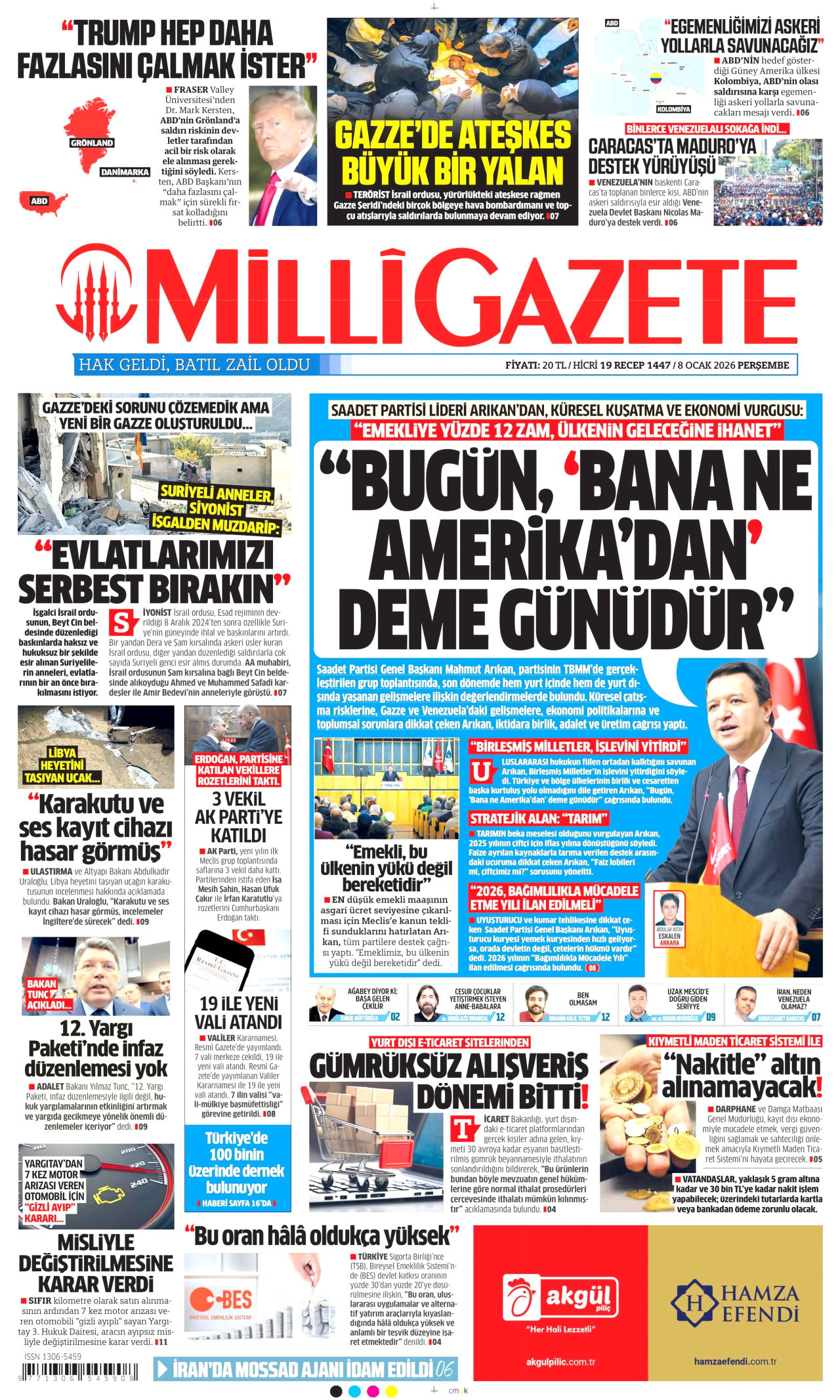 MİLLİ GAZETE gazetesinin 8 Ocak 2026 tarihli birinci sayfası
