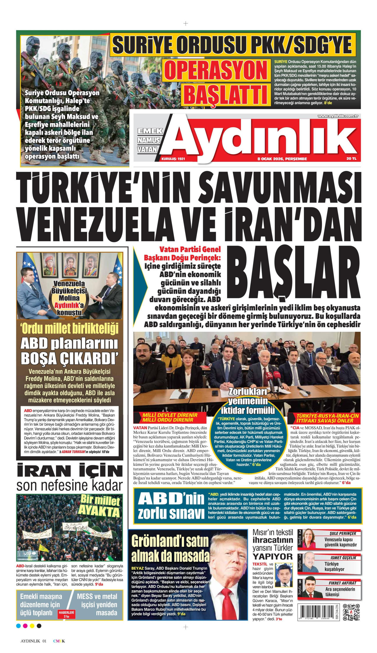 AYDINLIK GAZETESİ gazetesinin 8 Ocak 2026 tarihli birinci sayfası