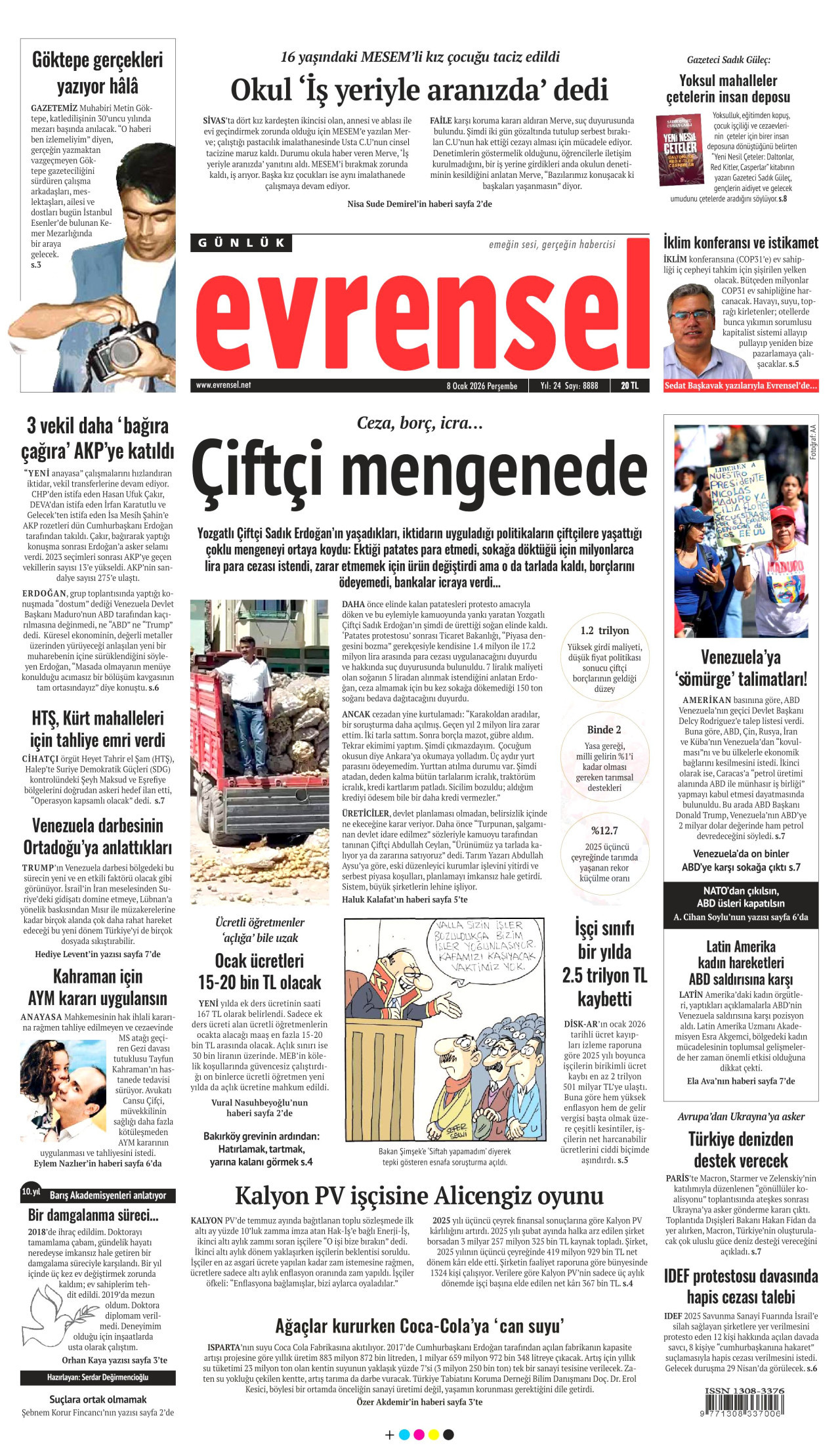 EVRENSEL gazetesinin 8 Ocak 2026 tarihli birinci sayfası
