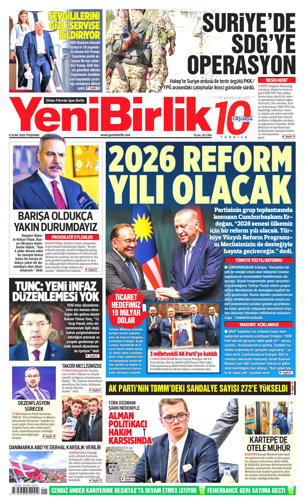 YENİBİRLİK gazetesinin 8 Ocak 2026 tarihli birinci sayfası