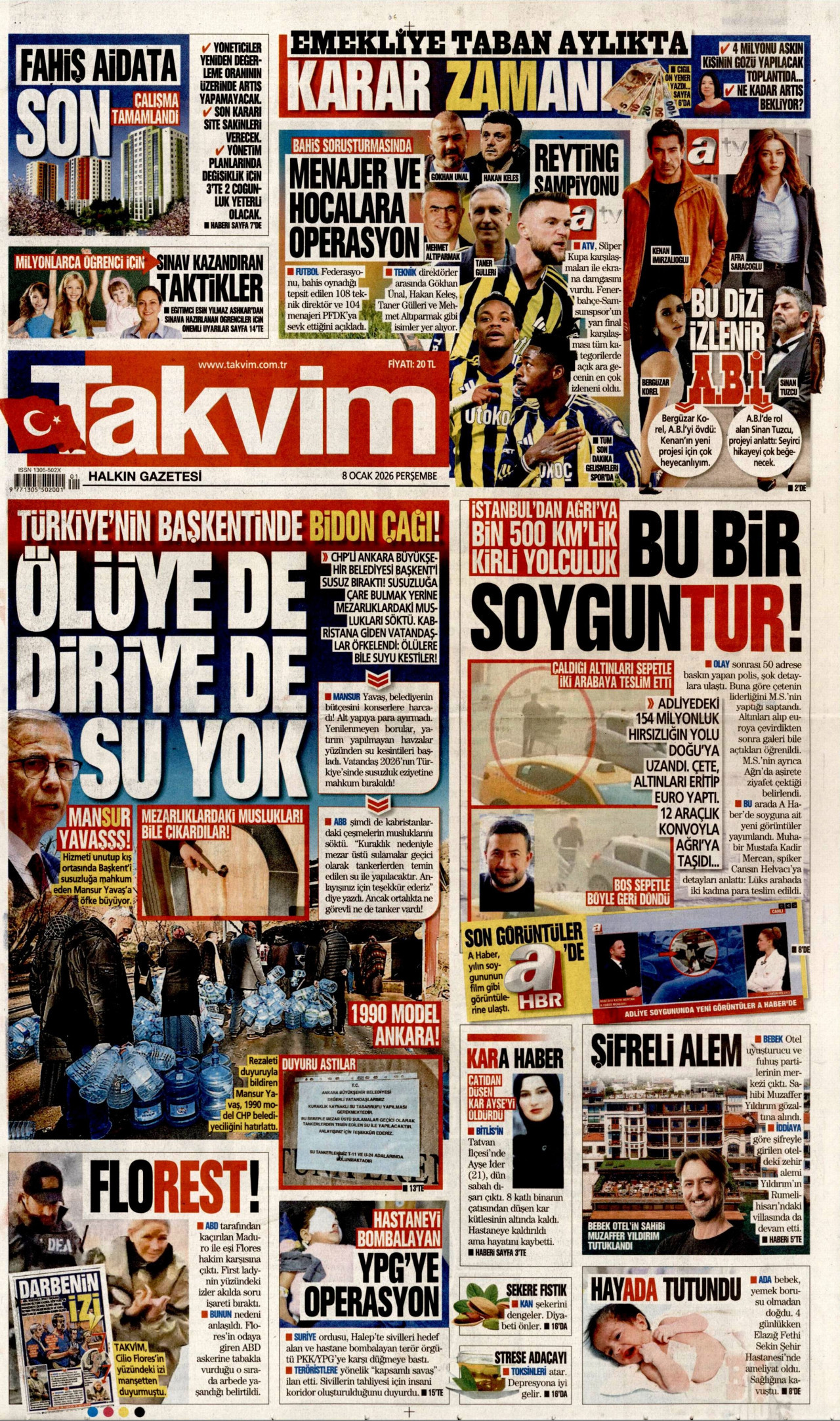 TAKVİM gazetesinin 8 Ocak 2026 tarihli birinci sayfası