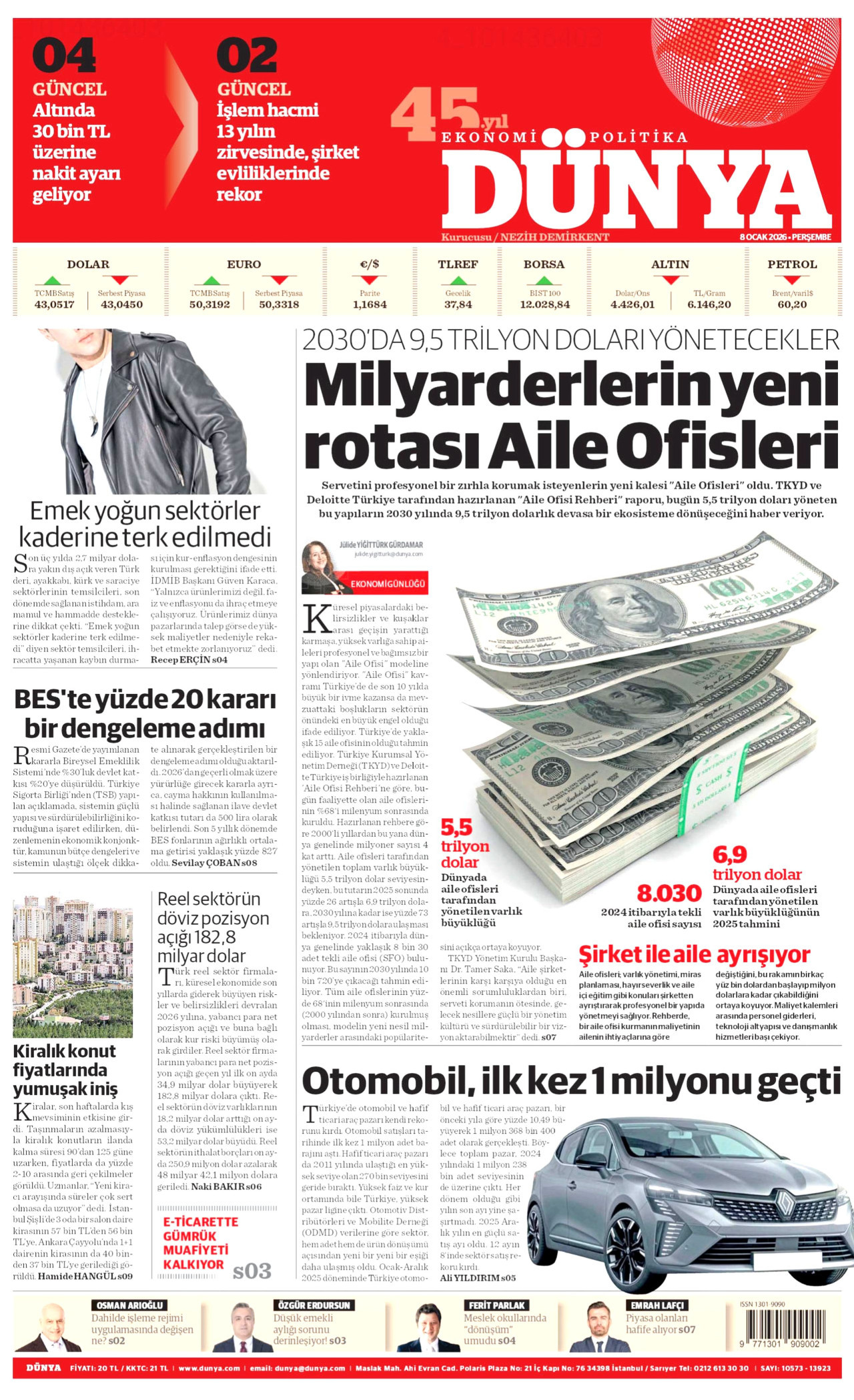 DÜNYA gazetesinin 8 Ocak 2026 tarihli birinci sayfası