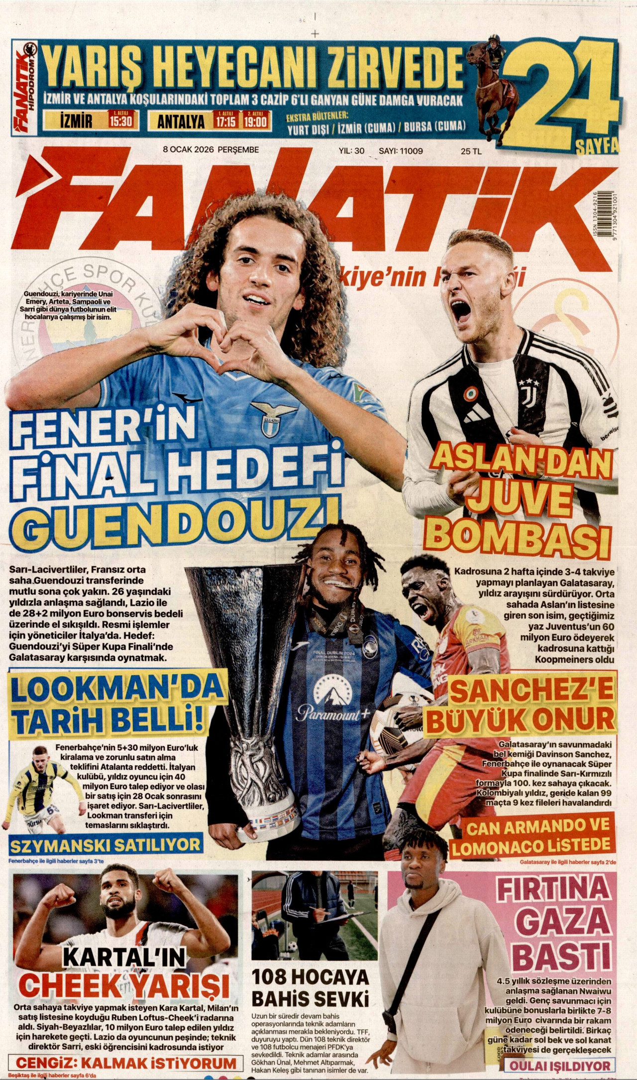 FANATİK gazetesinin 8 Ocak 2026 tarihli birinci sayfası