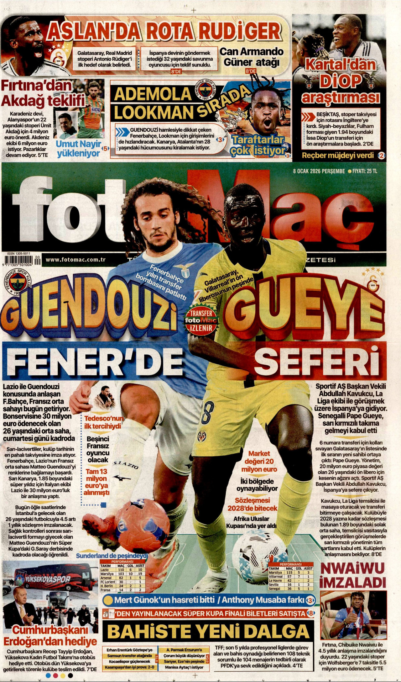 FOTOMAÇ gazetesinin 8 Ocak 2026 tarihli birinci sayfası