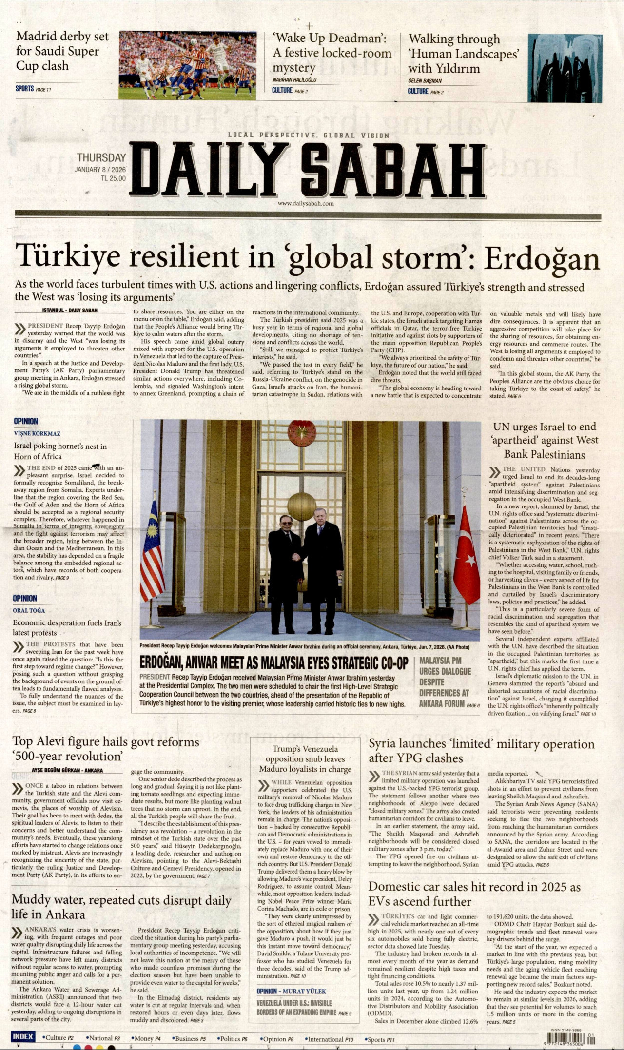 DAİLY SABAH gazetesinin 8 Ocak 2026 tarihli birinci sayfası