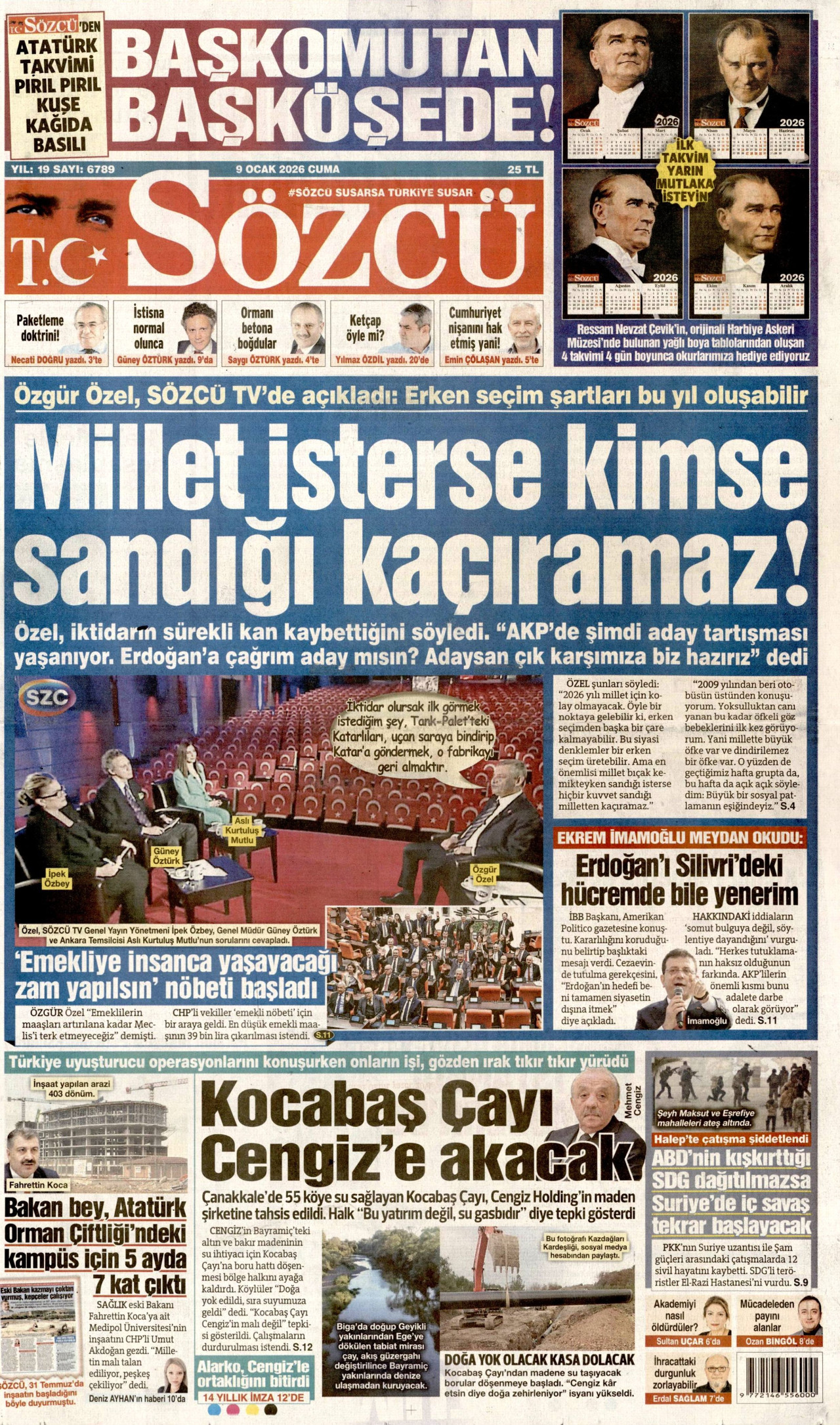 SÖZCÜ gazetesinin 9 Ocak 2026 tarihli birinci sayfası