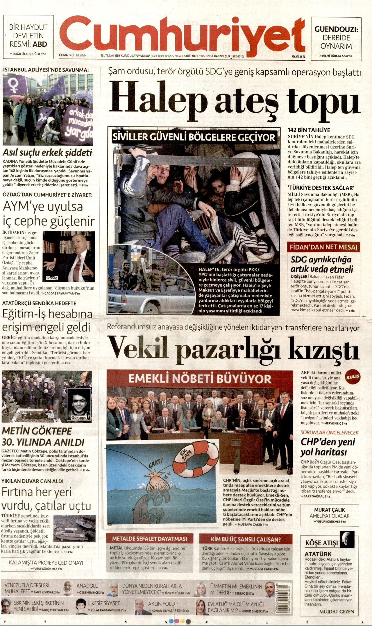 CUMHURİYET gazetesinin 9 Ocak 2026 tarihli birinci sayfası