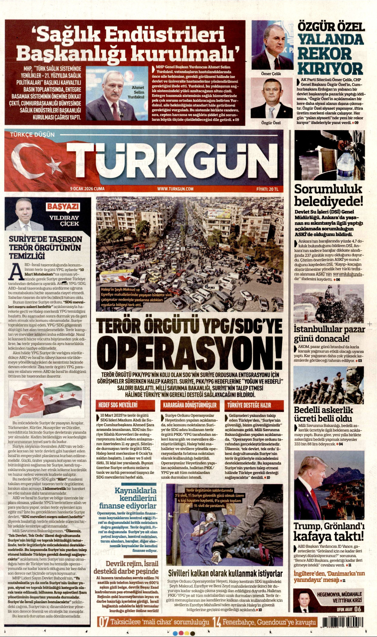 TÜRKGÜN gazetesinin 9 Ocak 2026 tarihli birinci sayfası