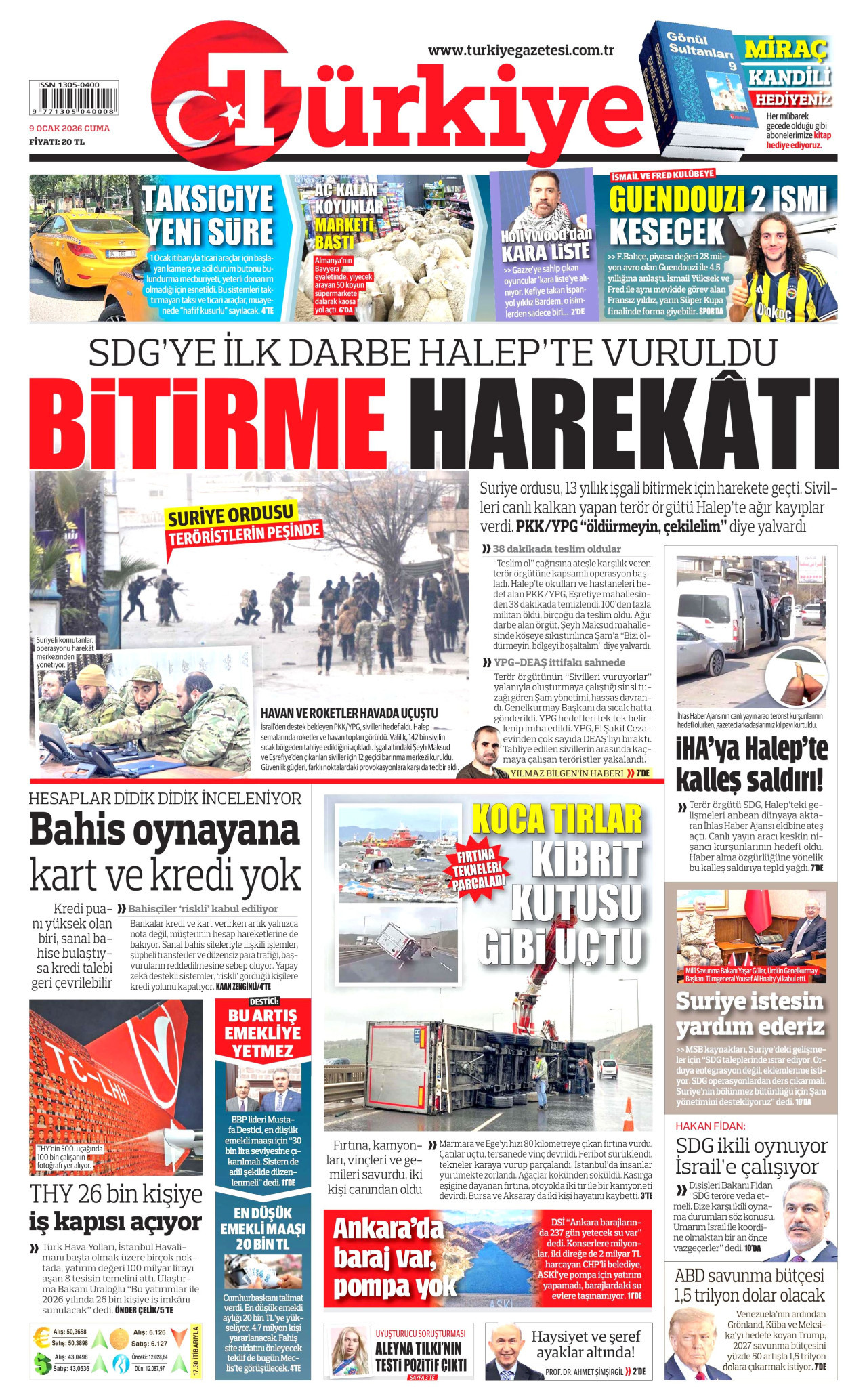TÜRKİYE GAZETESİ gazetesinin 9 Ocak 2026 tarihli birinci sayfası