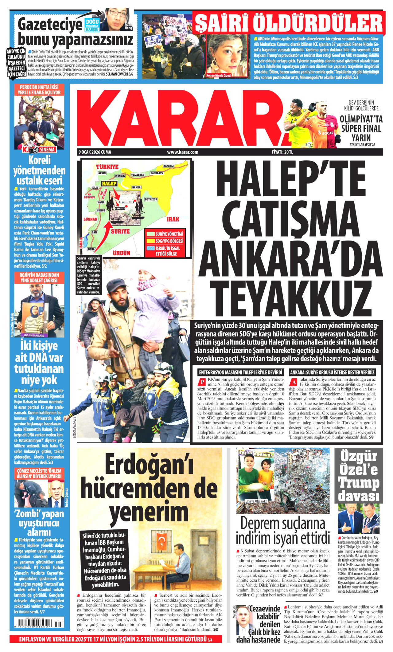 KARAR gazetesinin 9 Ocak 2026 tarihli birinci sayfası