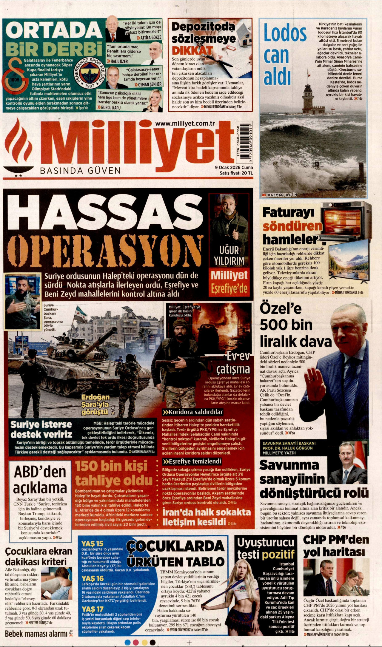 MİLLİYET gazetesinin 9 Ocak 2026 tarihli birinci sayfası