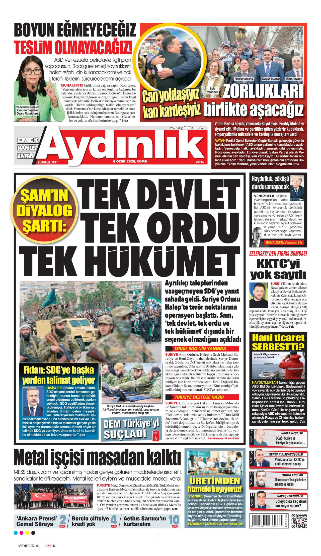 AYDINLIK GAZETESİ gazetesinin 9 Ocak 2026 tarihli birinci sayfası