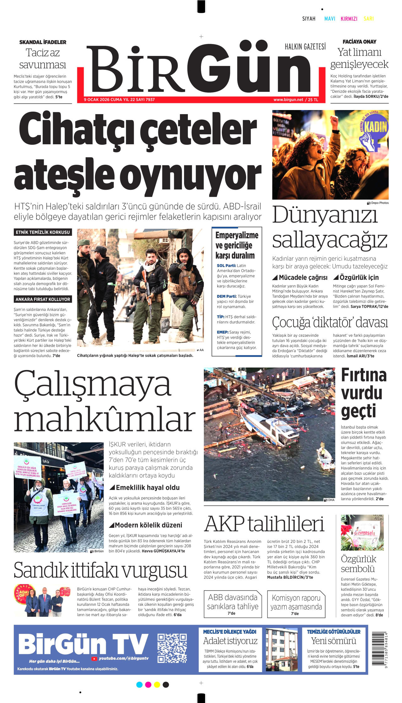 BİRGÜN gazetesinin 9 Ocak 2026 tarihli birinci sayfası