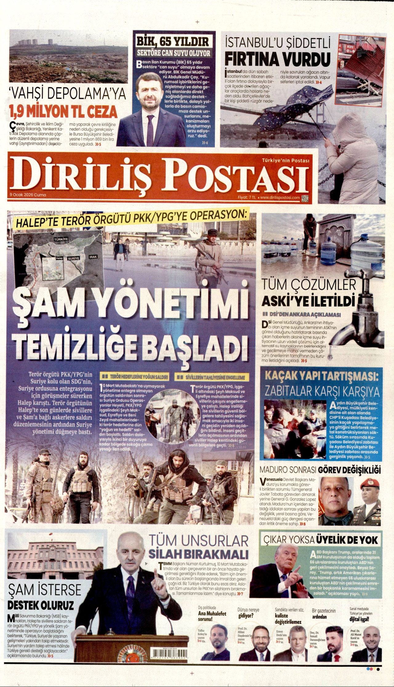DİRİLİŞ POSTASI gazetesinin 9 Ocak 2026 tarihli birinci sayfası